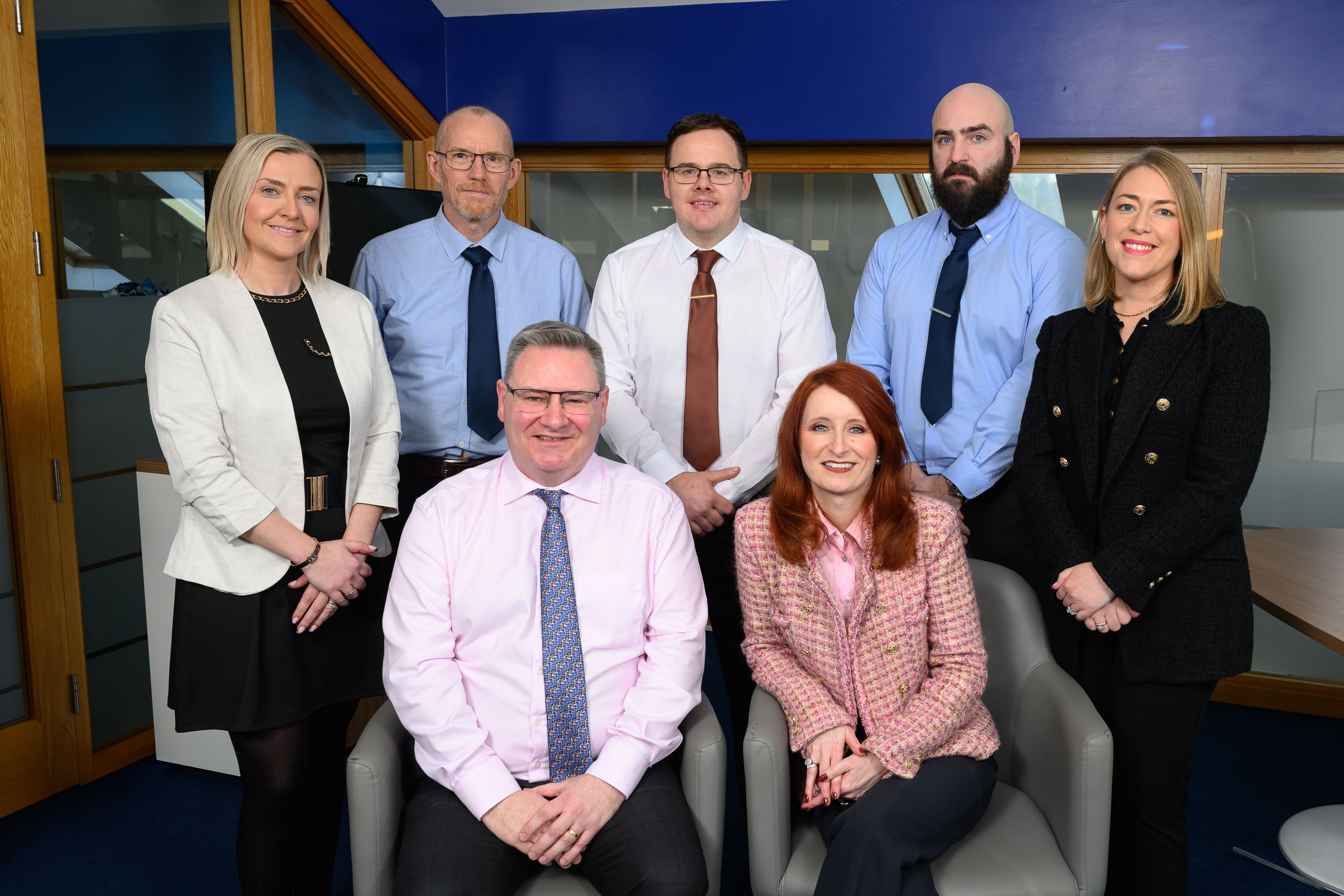 Front row, Jonathan McKeown CEO of CRASH Services, Sinead McAllister as Chief Financial Officer; Back row, Paula Mahoney as Marketing Director, Steve Beighton as IT Director, Paul O’Hare as Finance Director, Chris Harte as Fleet Director, Michele Murphy 