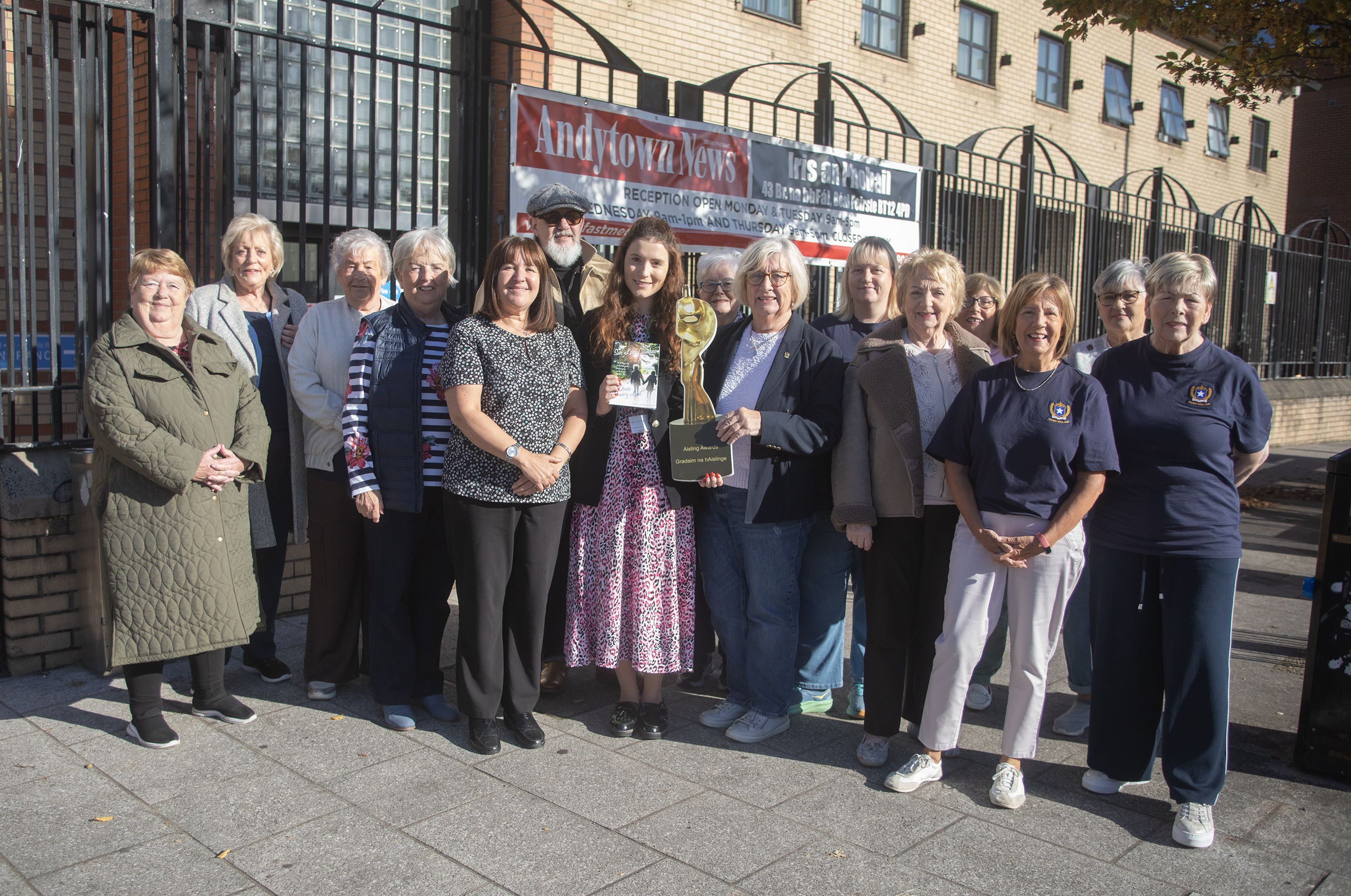 HEALTH AND WELLBEING AWARD: Linda Greenan (Belfast Media), Rebecca Fitton (Cirdan) and Frank Liddy (Mindfulness columnist and judge) with last year\'s winners St Gall\'s Hen Shed