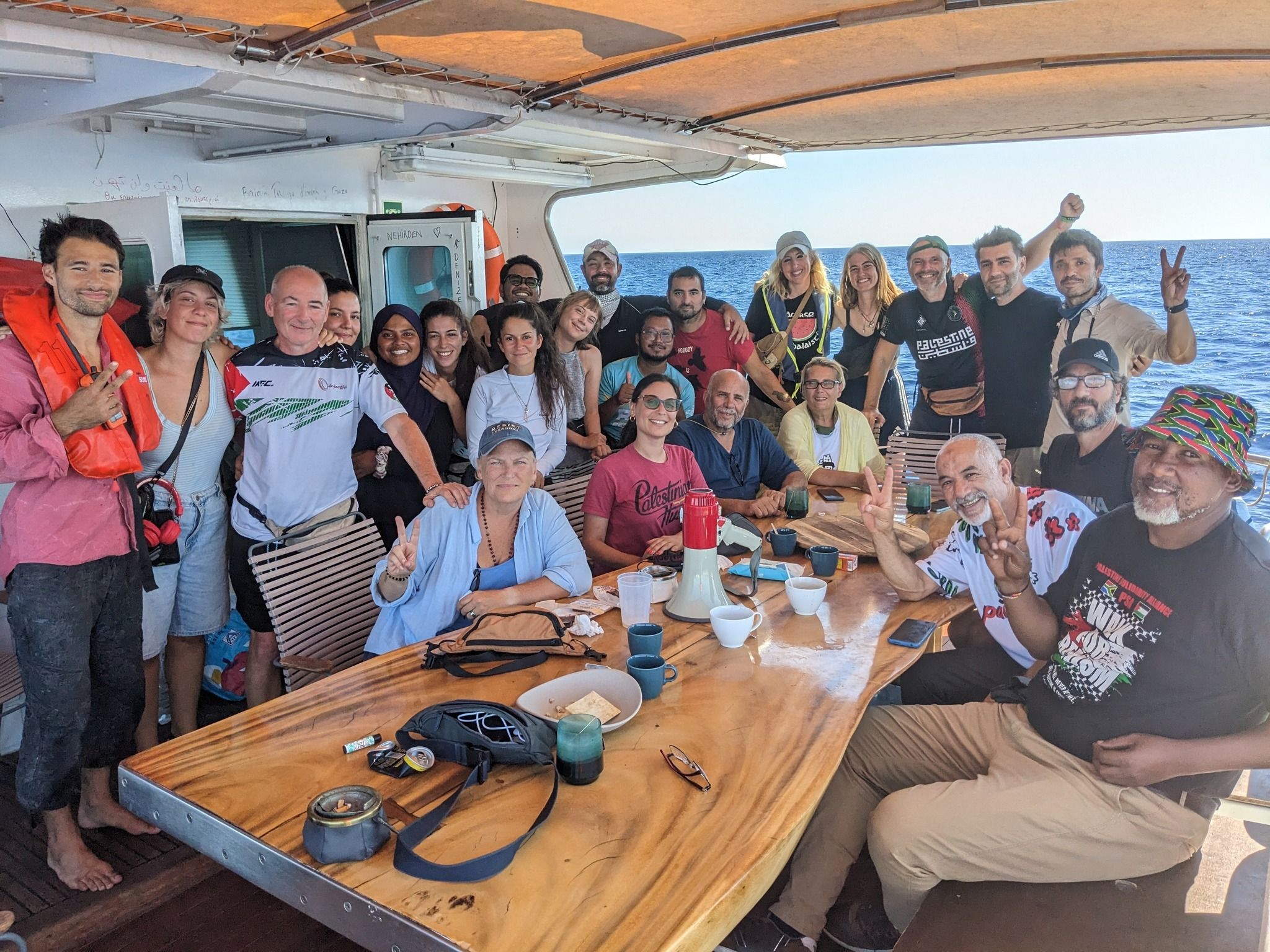 ACTIVISM: Fra Hughes, third left, spent 42 days away as part of the Global Sumud Flotilla 