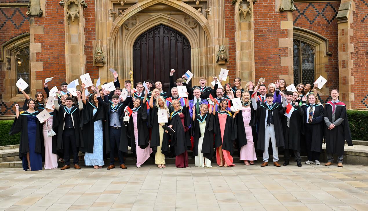 CELEBRATIONS: The 32 graduates at Queen\'s University Belfast