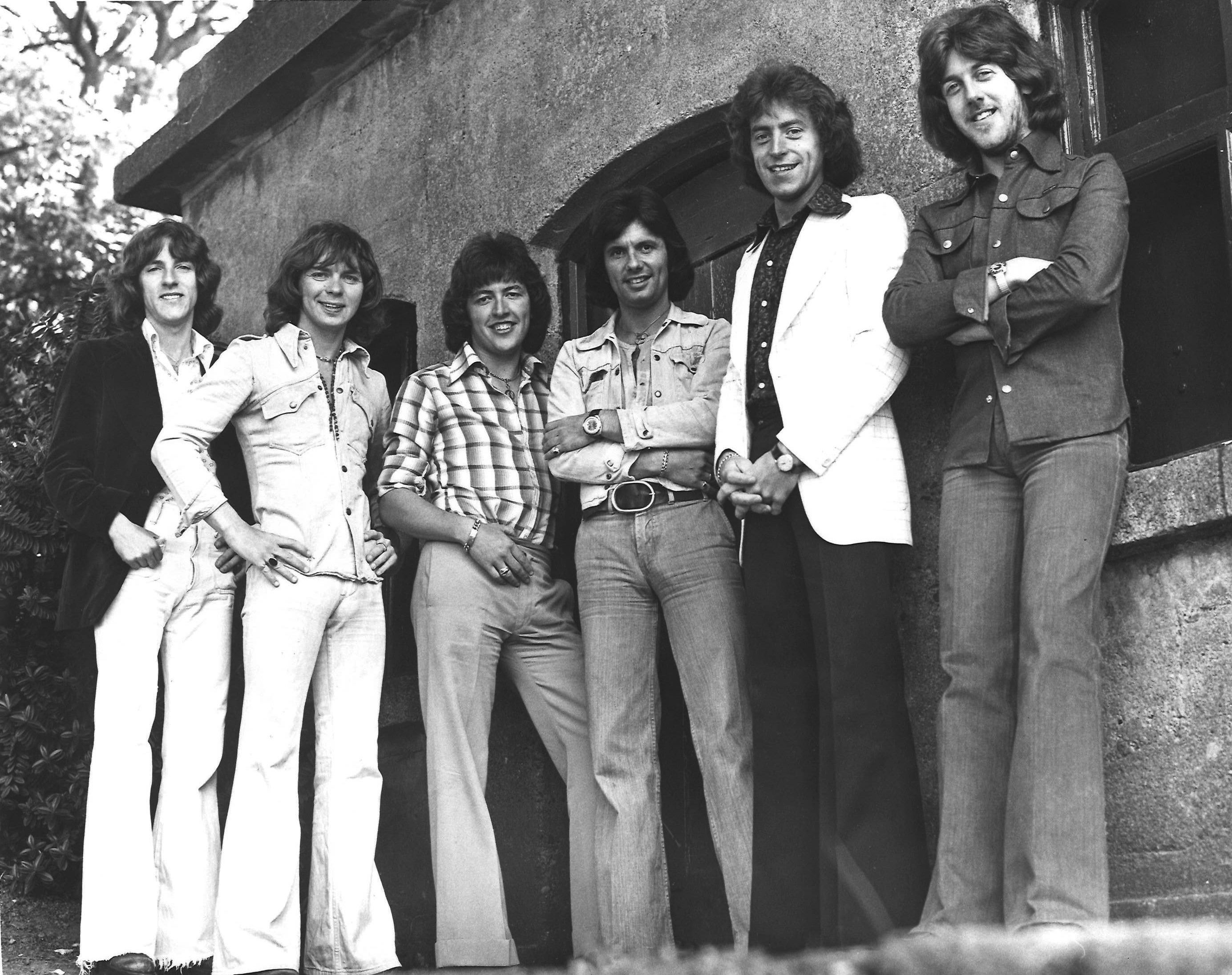 TOGETHER: The Miami Showband at St Anne’s Park, Raheny, Dublin, May 1975, left-to-right, Tony Geraghty, Fran O’Toole, Ray Miller, Des (Lee) McAlea, Brian McCoy and Stephen Travers