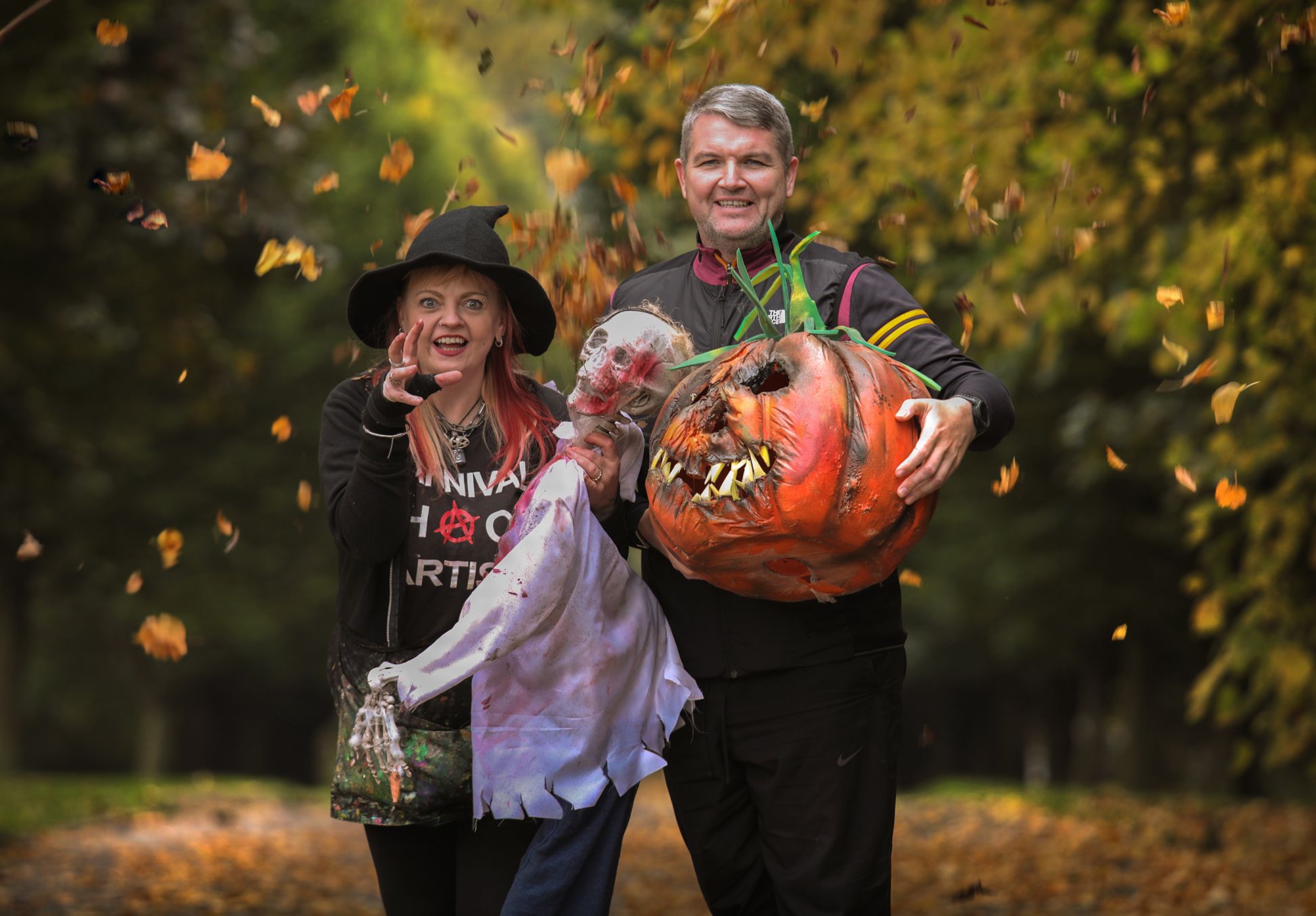 HALLOWEEN READY: Margaret McCann (Carnival Chaos) and Joe Herald (Féile’s Community Cohesion Co-ordinator)