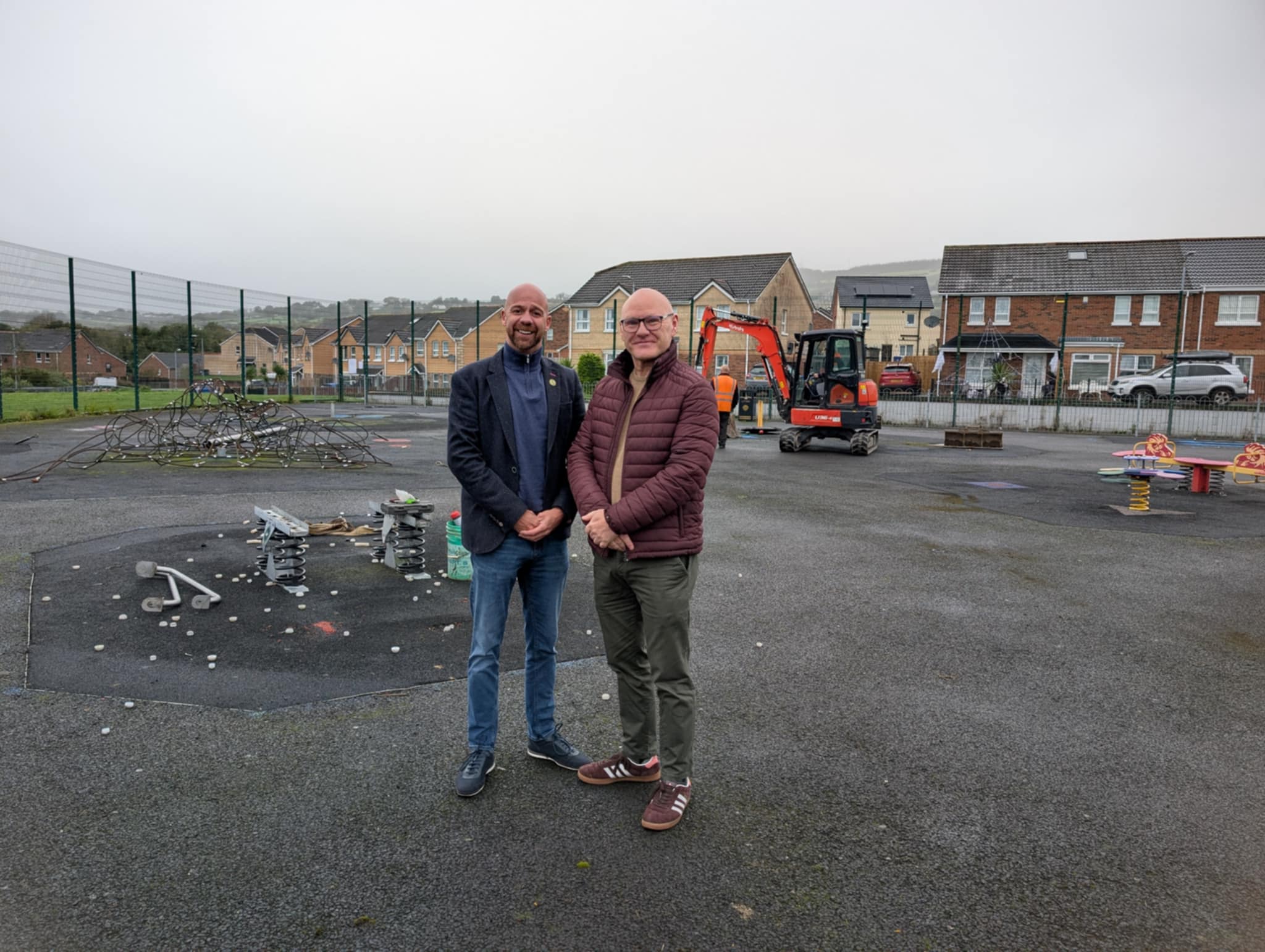 WORK STARTED: Councillor Joe Duffy and Paul Maskey MP at White Rise playpark in Lagmore
