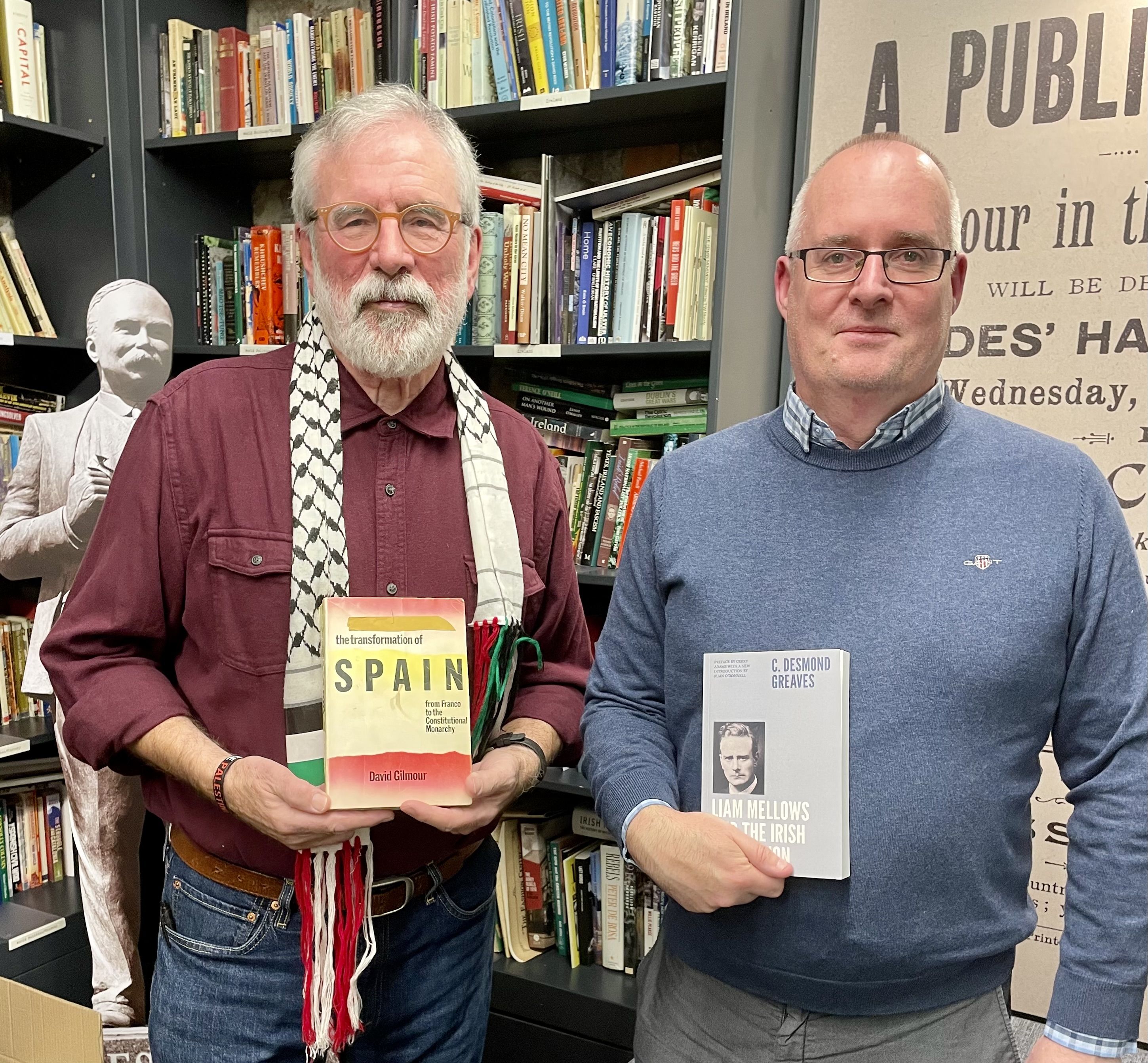 GUESTS: At the launch of the new edition of Liam Mellows and the Irish Revolution are Gerry Adams and Dr Ruan O’Donnell, who was instrumental in updating Desmond Greaves’ seminal work. Gerry is holding a copy of the original book smuggled into the Kesh