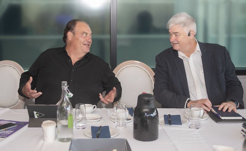 TRAVELLING 10,000 MILES TO HAWK HIS WARES: Hugh Cormican (right) pictured at a Homecoming roundtable with New York venture fund partner Mike Flannery