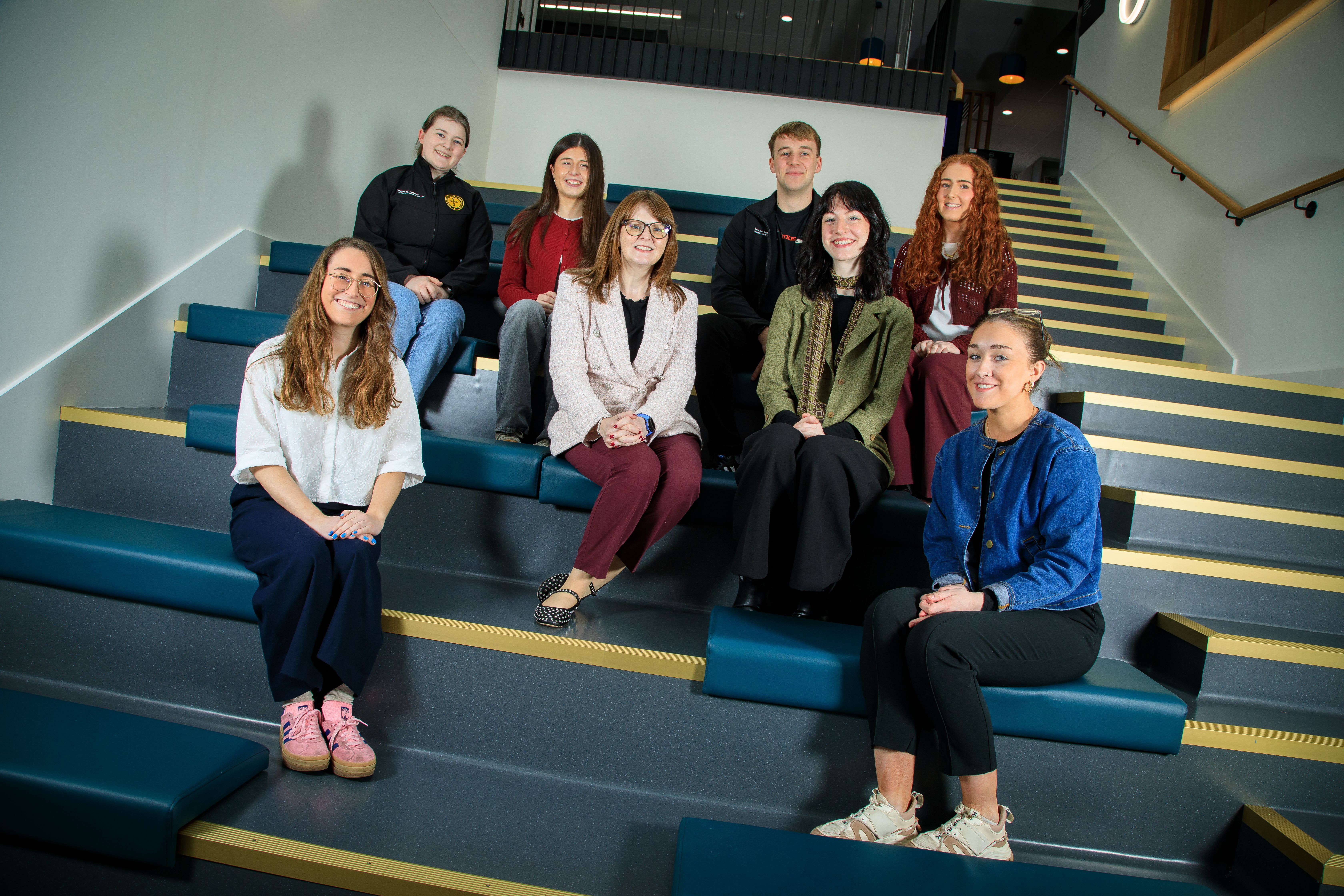 FUNDING: Economy Minister Caoimhe Archibald with students at St Mary\'s University College in April