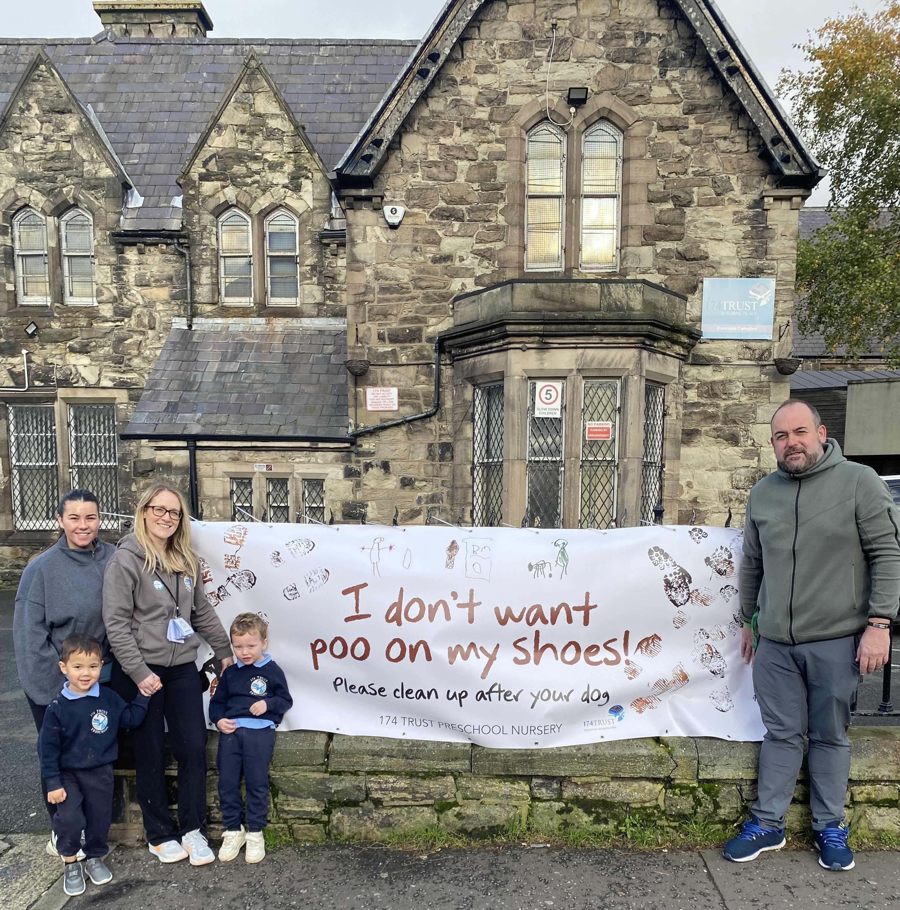 ENOUGH\'S ENOUGH: Councillor Paul McCusker, Kelly Burke, Carla Lindberg from the 174 Pre-school nursery and nursery children launching their campaign banner