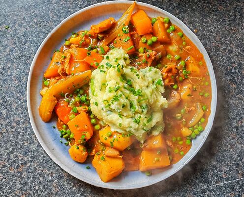 PLATING UP: Beef stew with chunky vegetables and a buttery chive mash