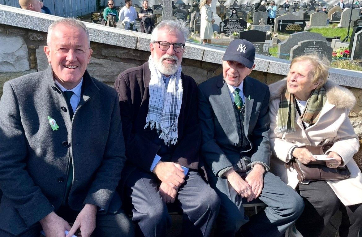 COMRADES: Conor Murphy, Gerry Adams and Paddy and Philomena Mulvenna at an Easter Commemoration in Milltown