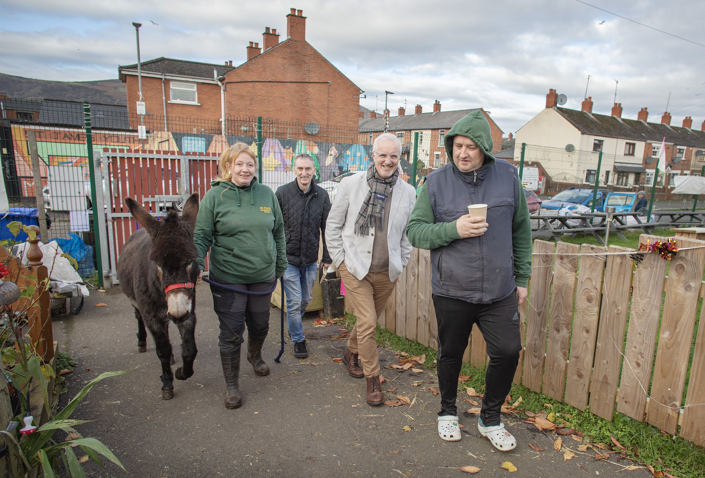 VISIT: Aisling judges Gearóid Ó Muilleor and Robin Livingstone with Damien Lindsay, Julia Pirie and Murphy the shy donkey