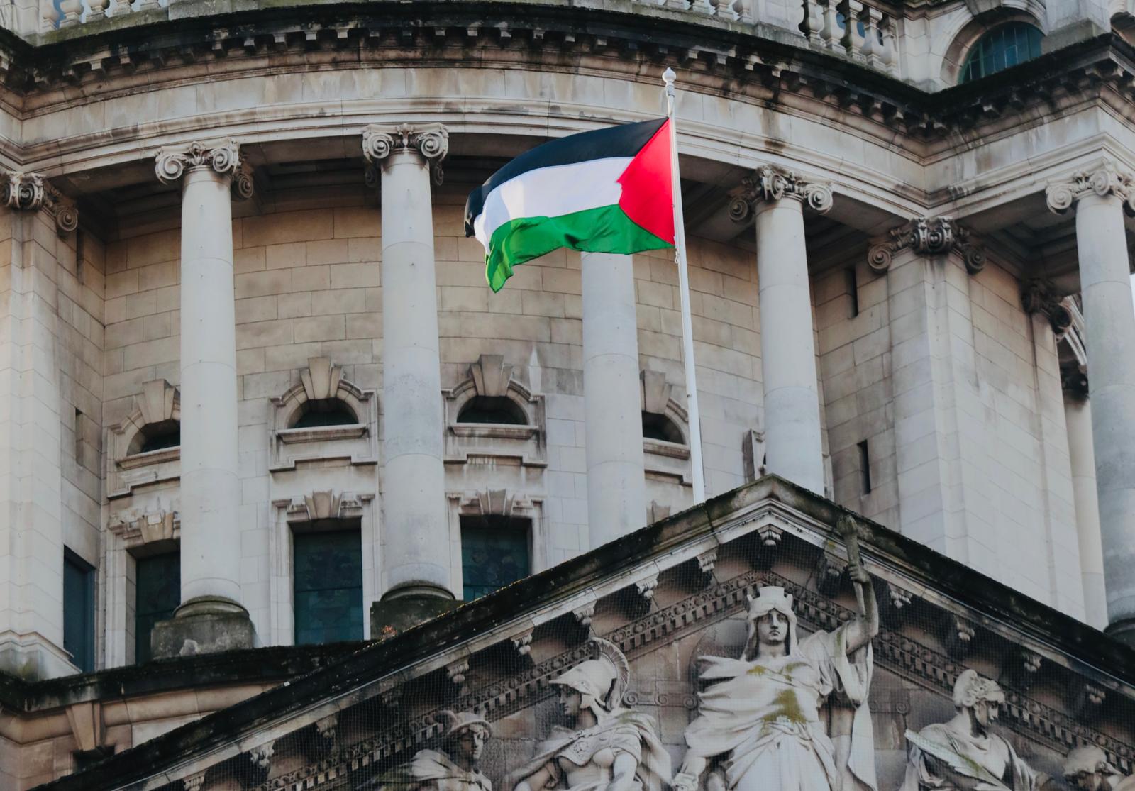 WELCOME: The Palestine flag at Belfast City Hall on Tuesday