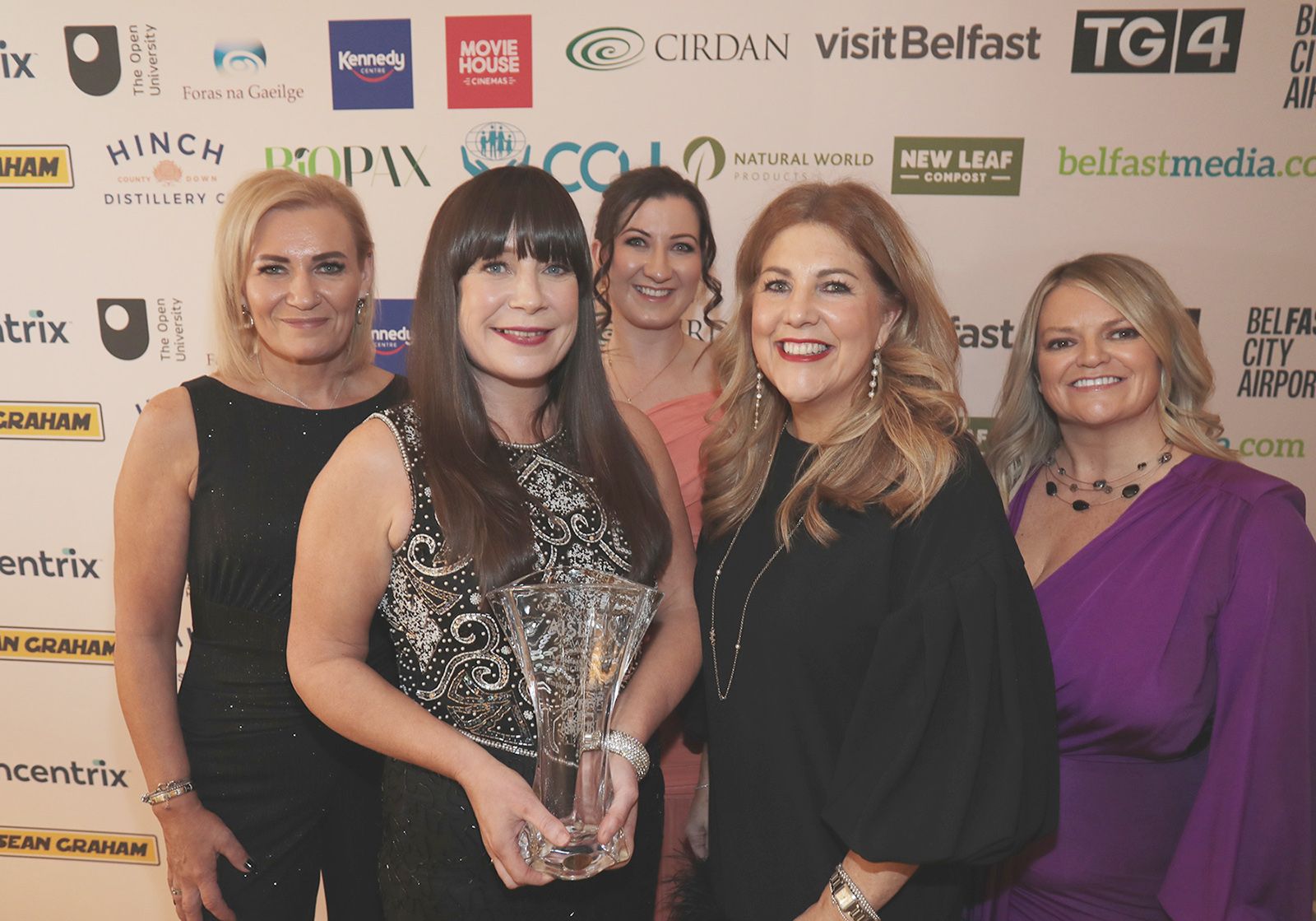 BELFAST BRAND AWARD: Sarah Owens, Jenny Clarke, Wendy Dempster and Jacqui Pope from winners GLL- Templemore Baths with Michelle Hatfield from sponsors Belfast City Airport 