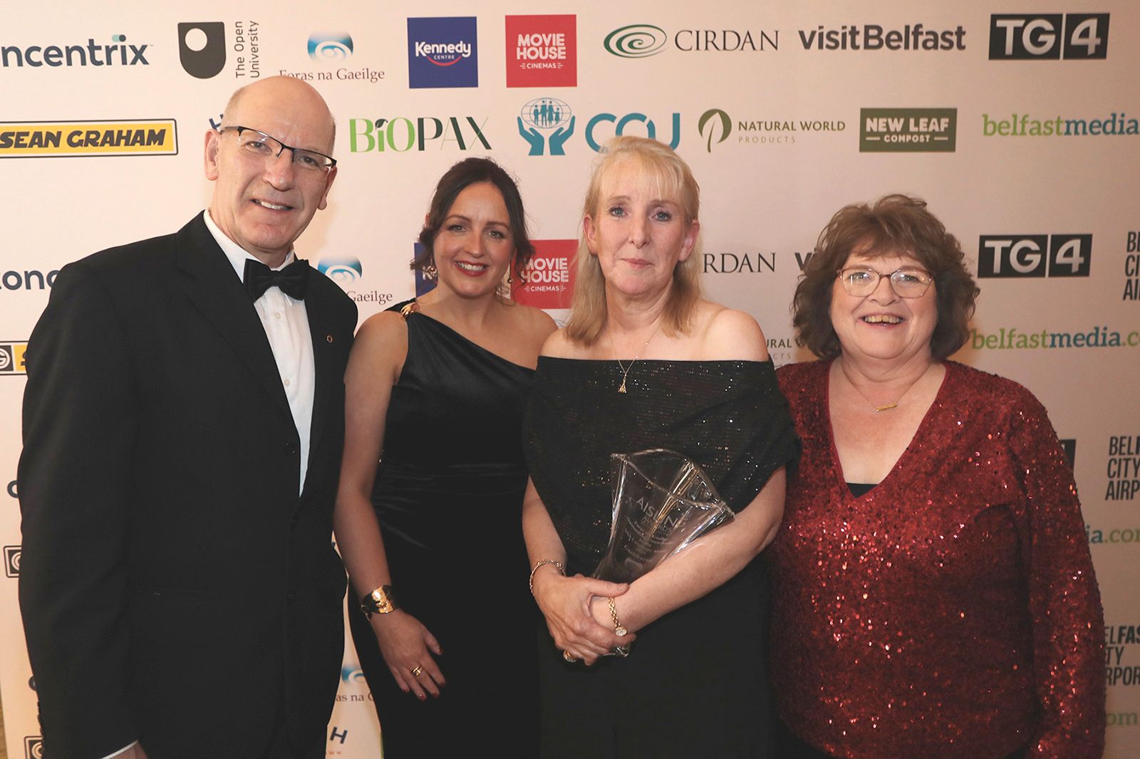 OUTSTANDING CONTRIBUTION TO IRISH LANGUAGE AWARD: Frances Hand, Colma McKee and Orla McGrory from winners Gaelchúrsaí with Seán Ó Coinn from sponsors Foras na Gaeilge