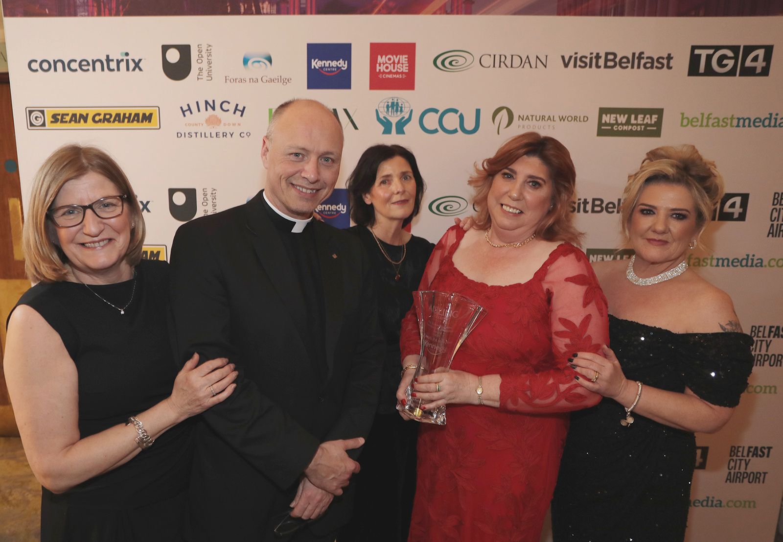 EXCELLENCE IN EDUCATION AWARD: Mairead Weir, Laura McAllister, Frances Wilson, Janet Glackin and Fr Martin Graham from winners St Joseph's PS, Slate Street