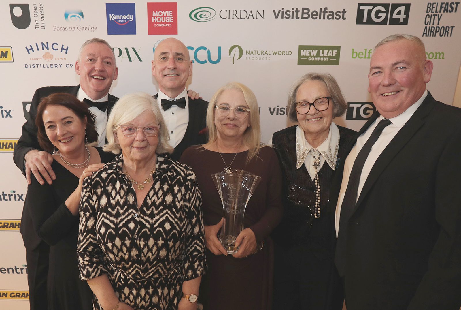 SOCIAL ENTERPRISE BUSINESS AWARD: Bill Groves, Nuala Hutton, Michael George, Deirdre McVeigh, Carmen McCloskey and Martha Lavery from winners Tullymore Community Centre with Terry McCrudden from sponsors Clonard Credit Union