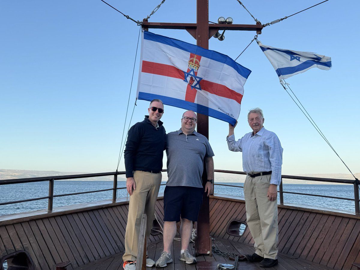 SLIP AHOY! The DUP crew aboard the SS Allovertheplace on the Sea of Galilee – MLAs Paul Givan and David Brooks (left and centre) and Sammy Wilson MP