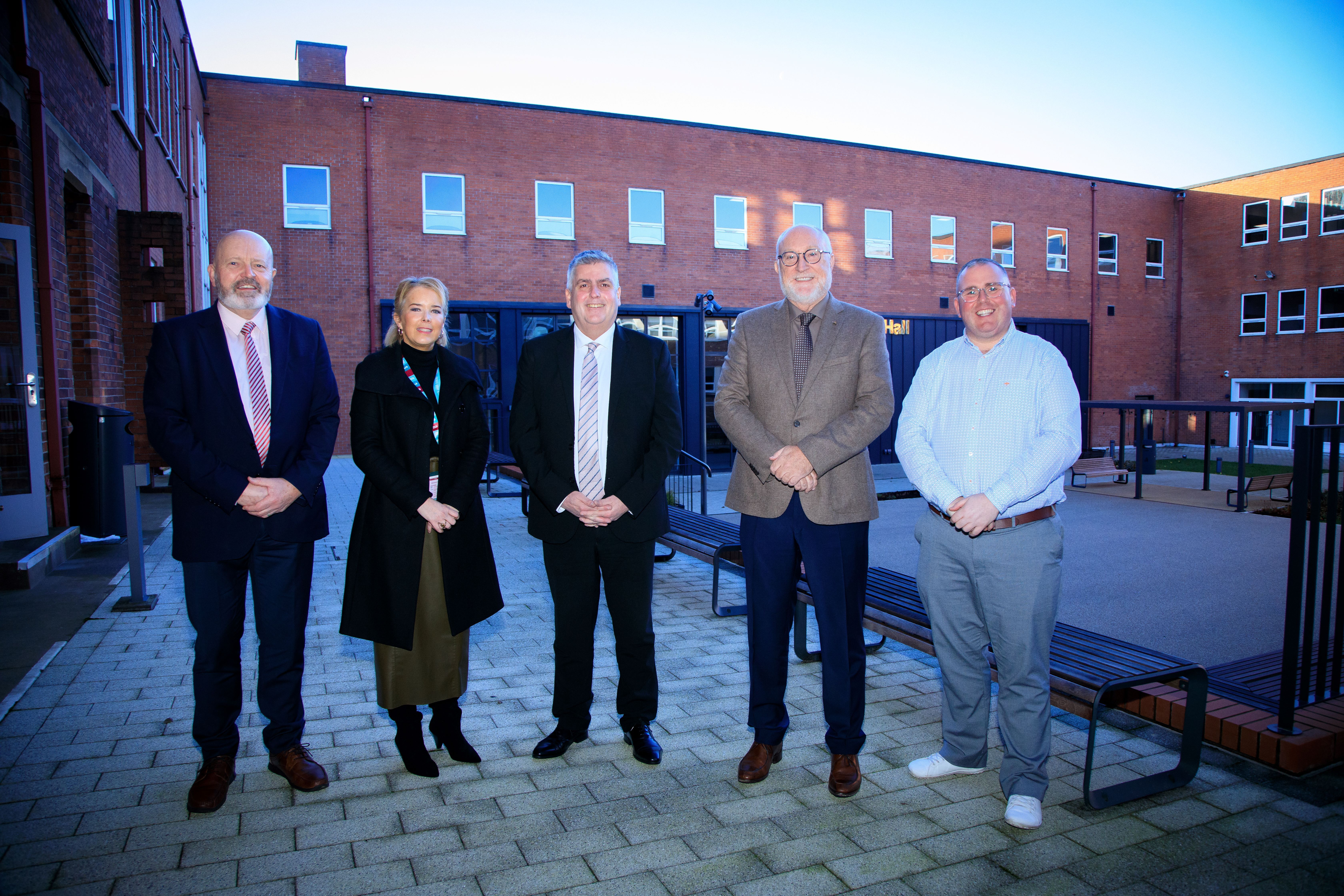 MAITH SIBH: Dr Seán MacCorraidh; Mary Carabine, CCEA Education Manager (Irish Medium Primary); Gerry Campbell, CCEA Chief Executive; Professor Peter Finn, Principal of St. Mary’s University College; and Dr Thomas Rogan