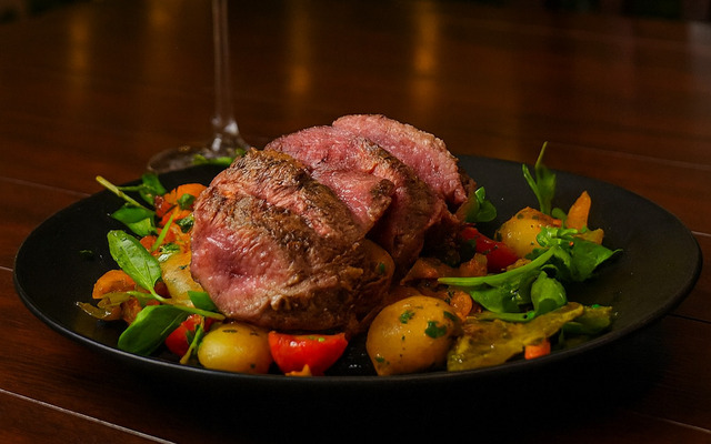PLATING UP: Sirloin steak with baby boiled potatoes and mange tout