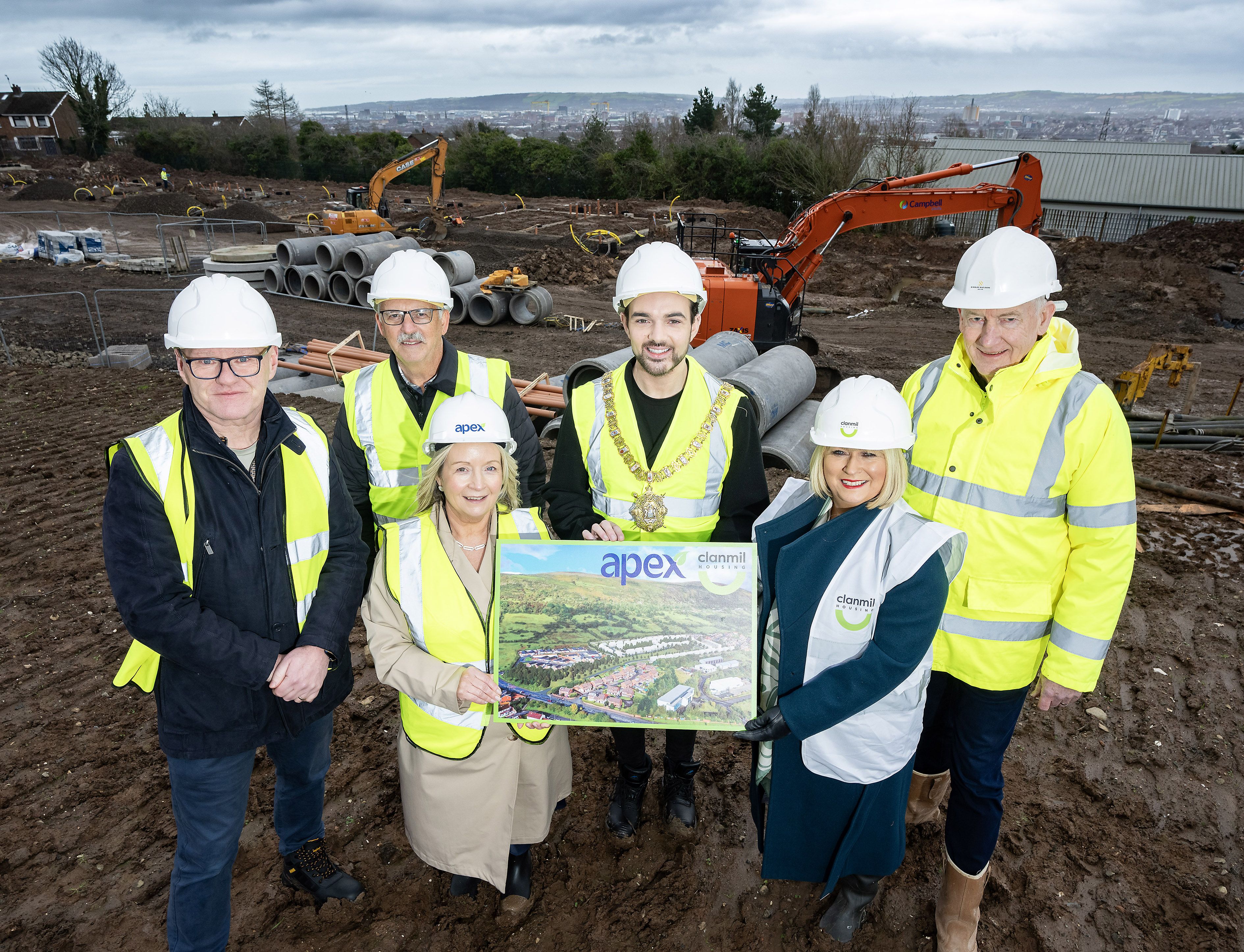 NEW HOMES: Paul Maskey MP, Tommy Holland (Upper Springfield Resource Centre) Lord Mayor of Belfast Cllr Micky Murray, John McGinnis (McGinnis Group), Sheena McCallion (Apex Housing Association) and Carol Mc Taggart (Clanmil)