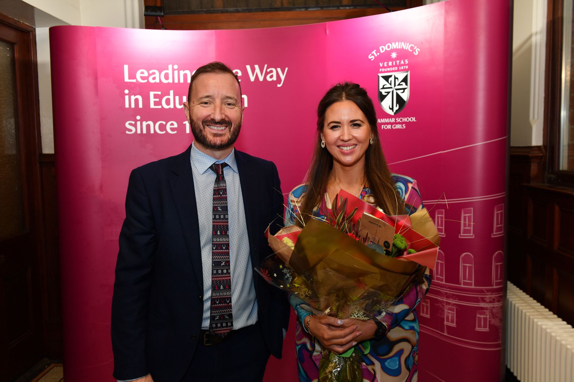 Senior Teacher Mr Scott with special guest at the A-Level awards night, Sorcha Eastwood MP
