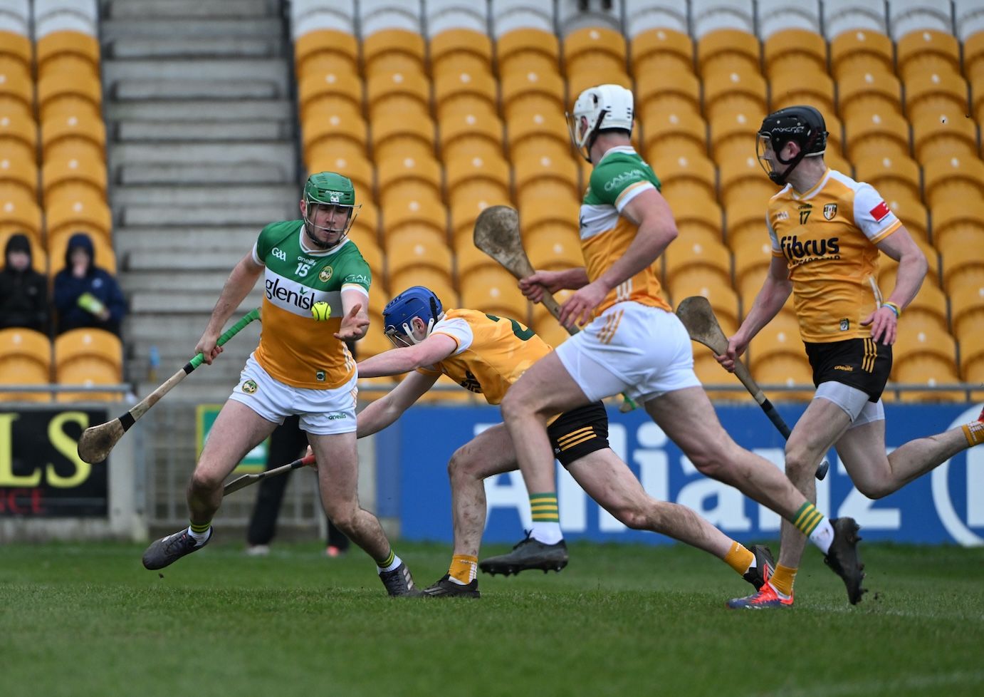 Top scorer Brian Duignan slips a pass during Offaly\'s 15-point win over Antrim on Sunday 