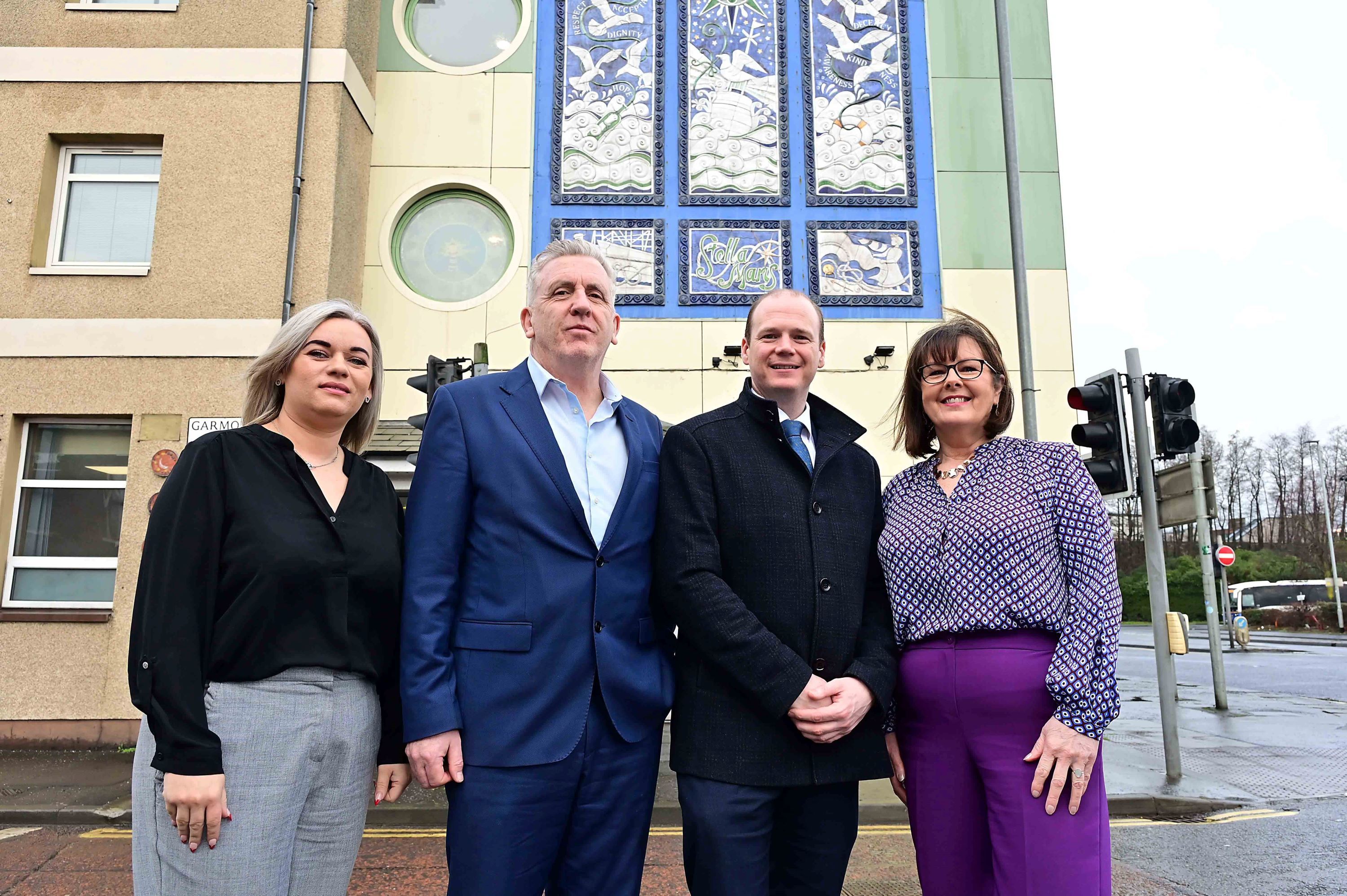 VISIT: Minister Gordon Lyons at the Stella Maris facility with Project Group Manager Catherine McGarrell, Depaul Chief Executive Officer David Carroll and Senior Services Manager Deirdre Canavan