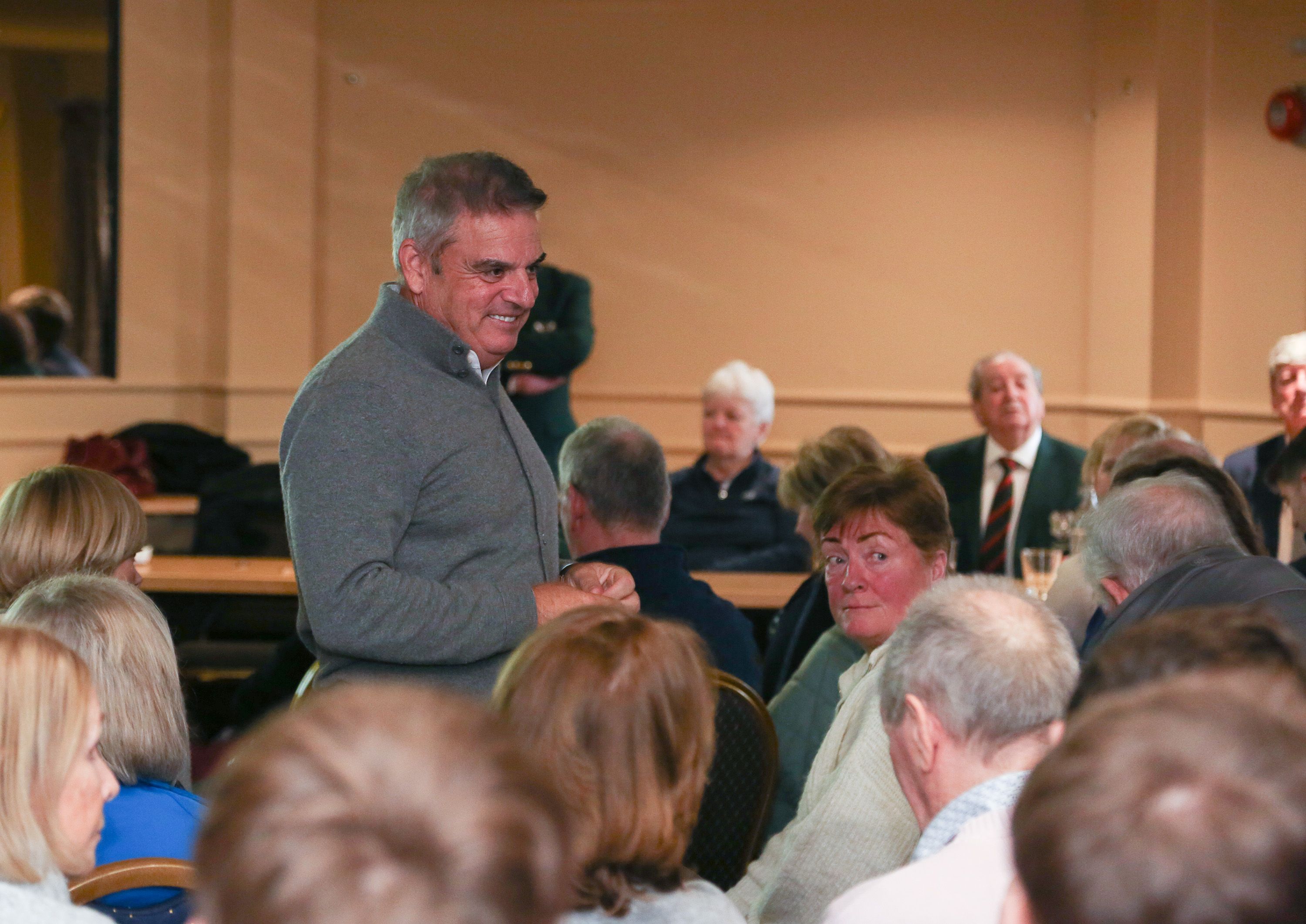 Paul McGinley takes questions from the Balmoral members on Saturday as he laid out his plans for the course he will design for the club at Ballylesson