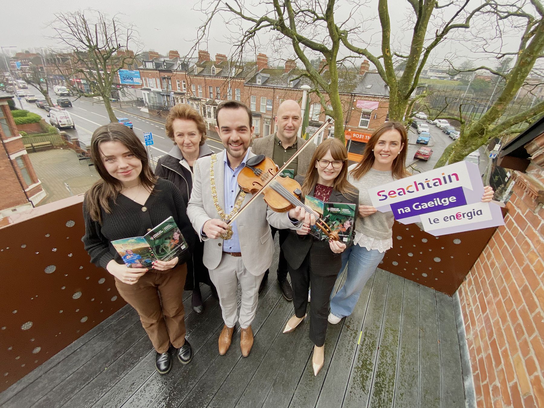 LE CHÉILE: Traditional musician Ciara Maguire, Roisin McDonough (Arts Council), Lord Mayor Micky Murray, Kevin Gamble (Féile an Phobail Director), Economy Minister Caoimhe Archibald and Dearbhail Beatty from Conradh na Gaeilge