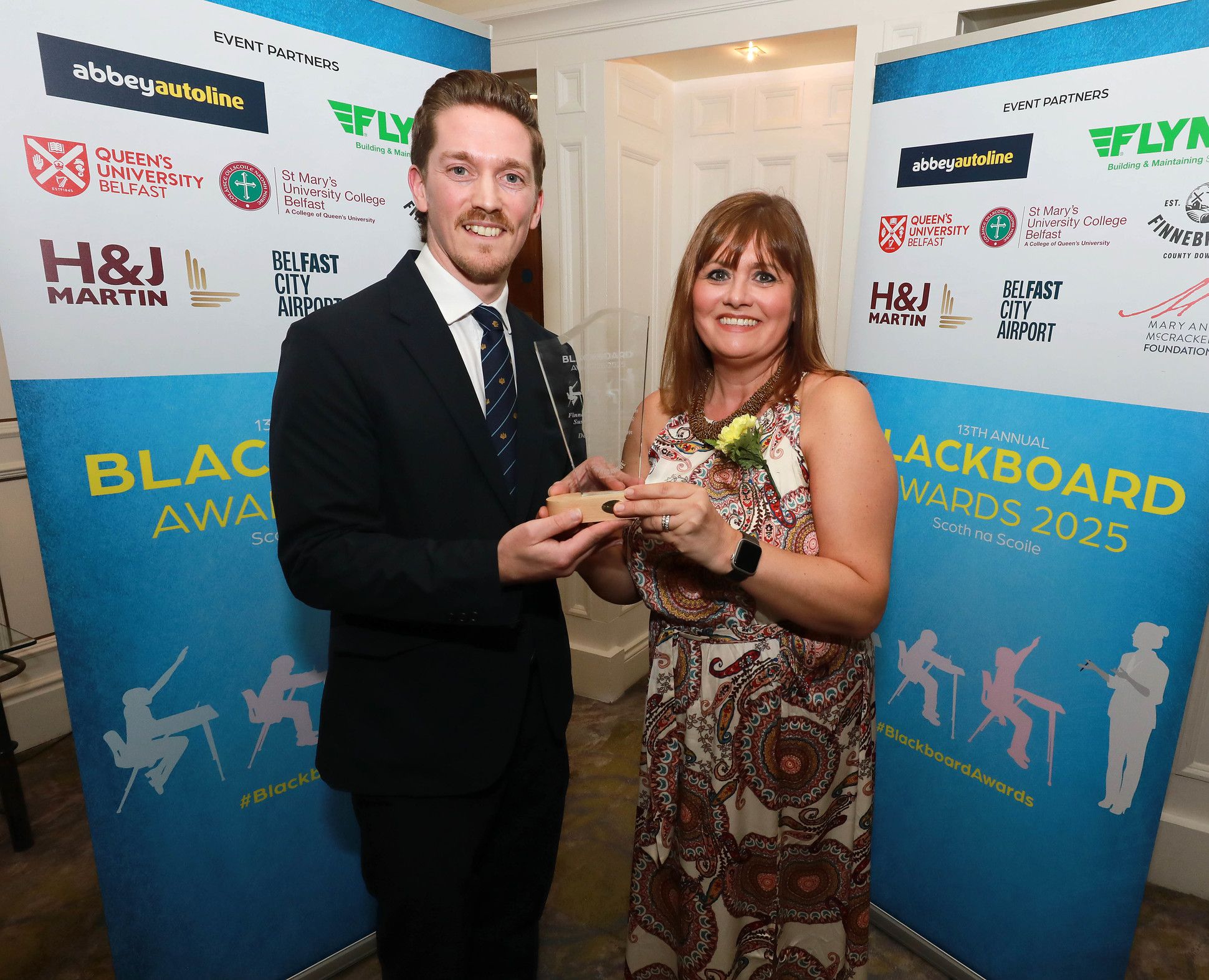 Deborah Hamilton (Malone College) is presented with the 'Excellence in Sustainability Teaching Award' by Paul Andrews (Head of Sustainability, Finnebrogue)