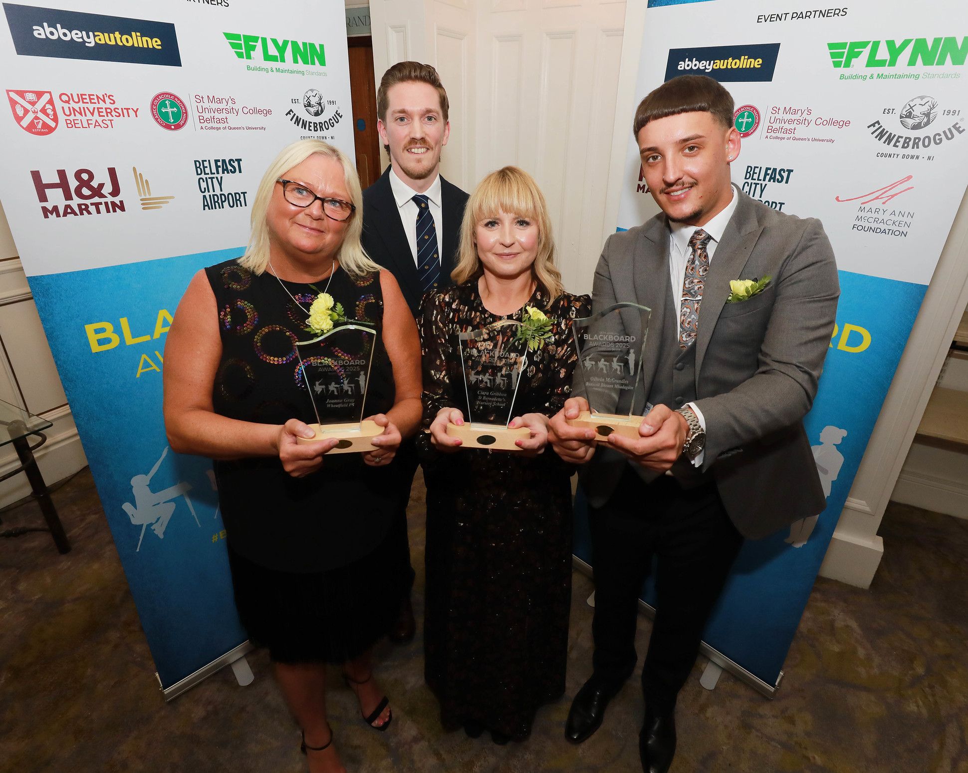 Joanne Gray (Wheatfield PS), Ciara Gribbon (St Bernadette's Nursery School) and Odhrán McGrandles (Bunscoil Bheann Mhadagáin) with Paul Andrews (Head of Sustainability at Finnebrogue)