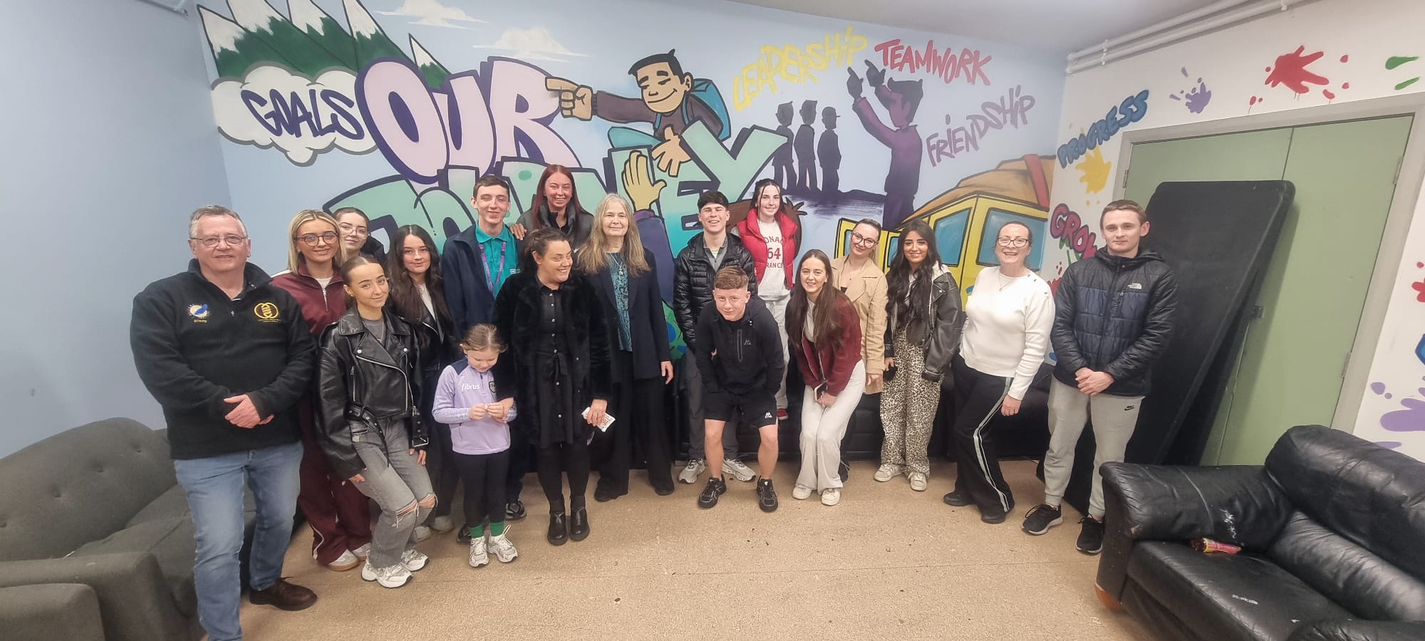 VISIT: Jo Berry with young people at New Lodge Youth Centre 