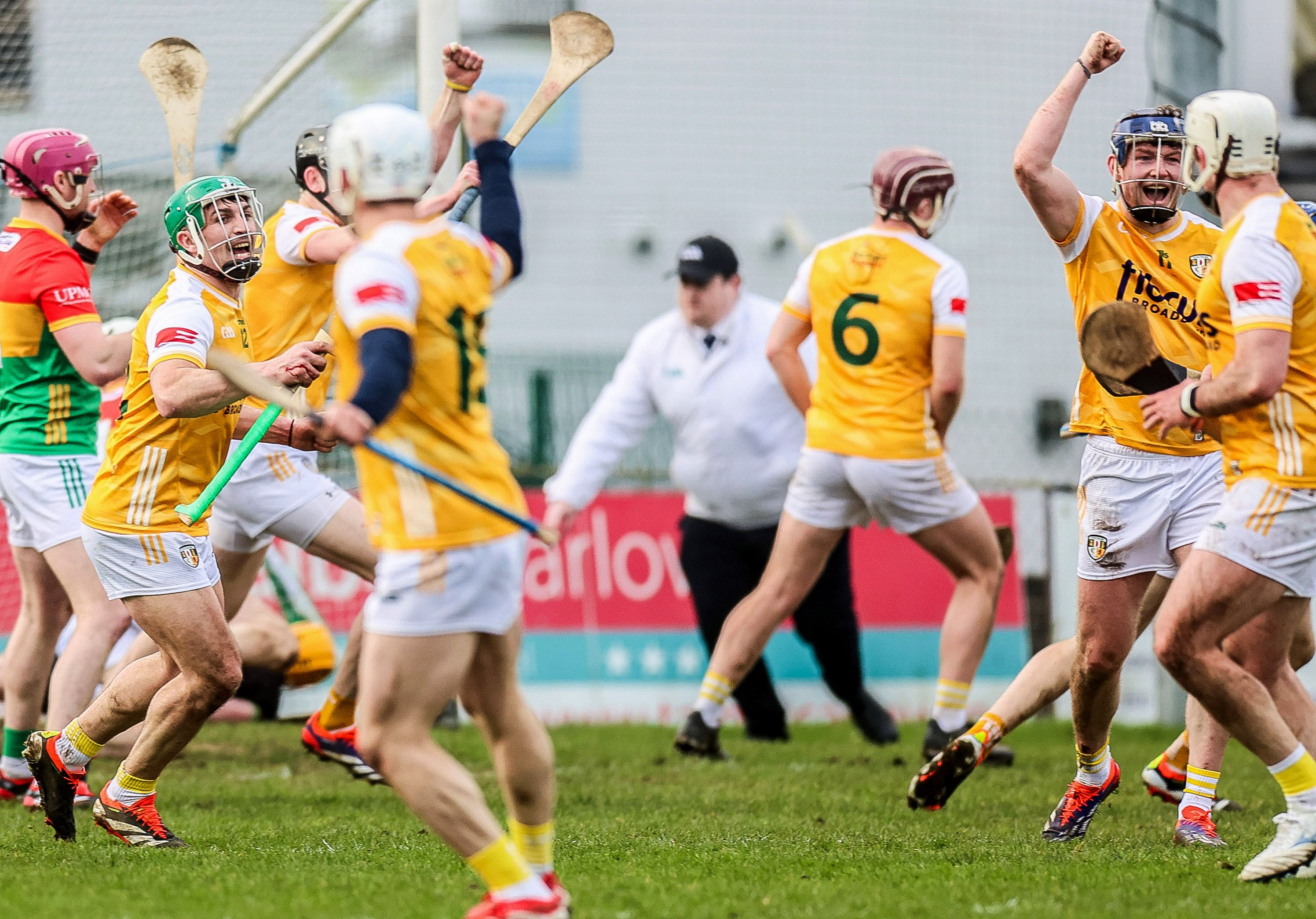 Antrim players celebrate Gerard Walsh\'s last-gasp goal