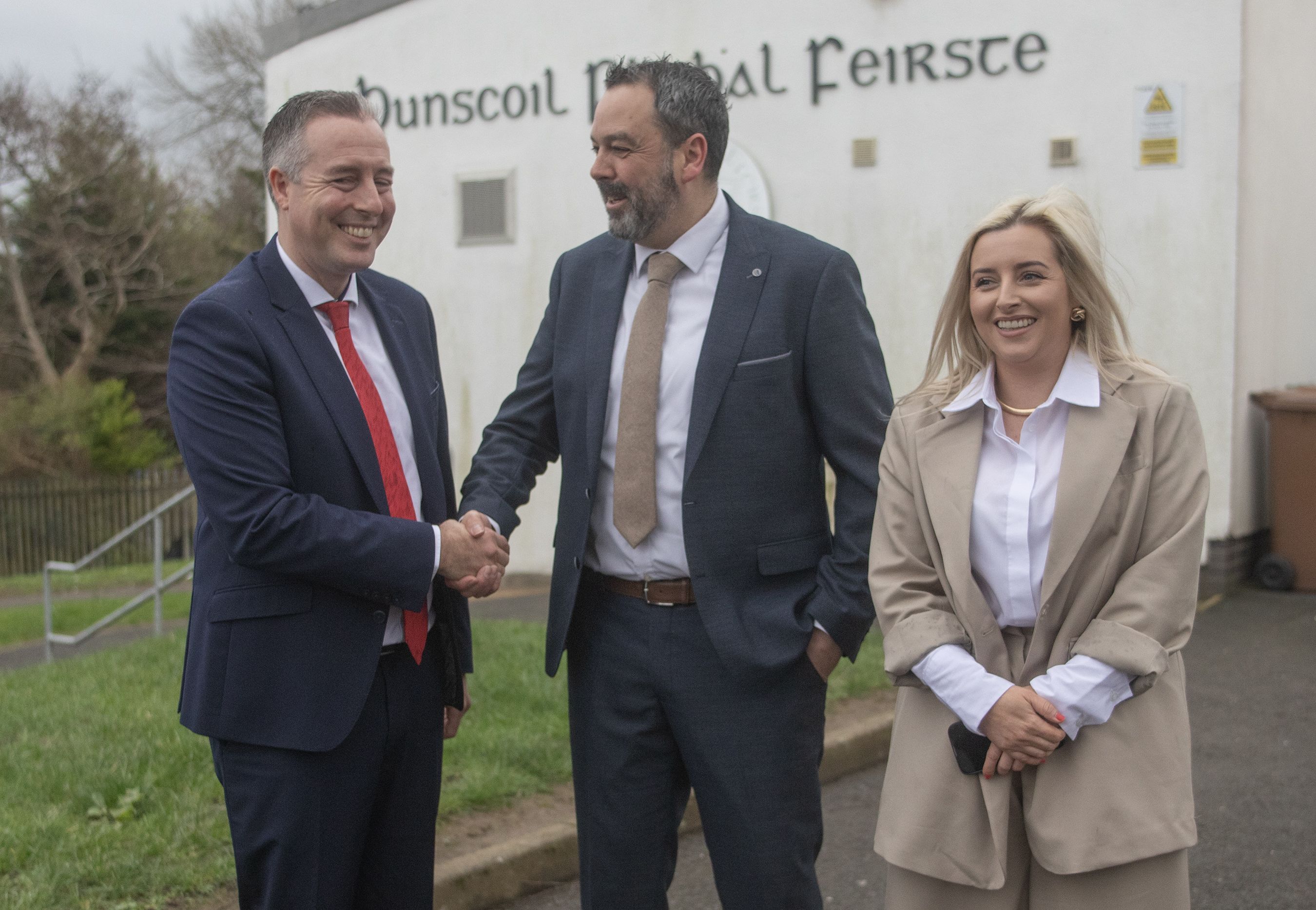 FÁILTE: Education Minister Paul Givan with Bunscoil Phobal Feirste Principal Séamus Ó Tuama and West Belfast MLA Órlaithí Flynn
