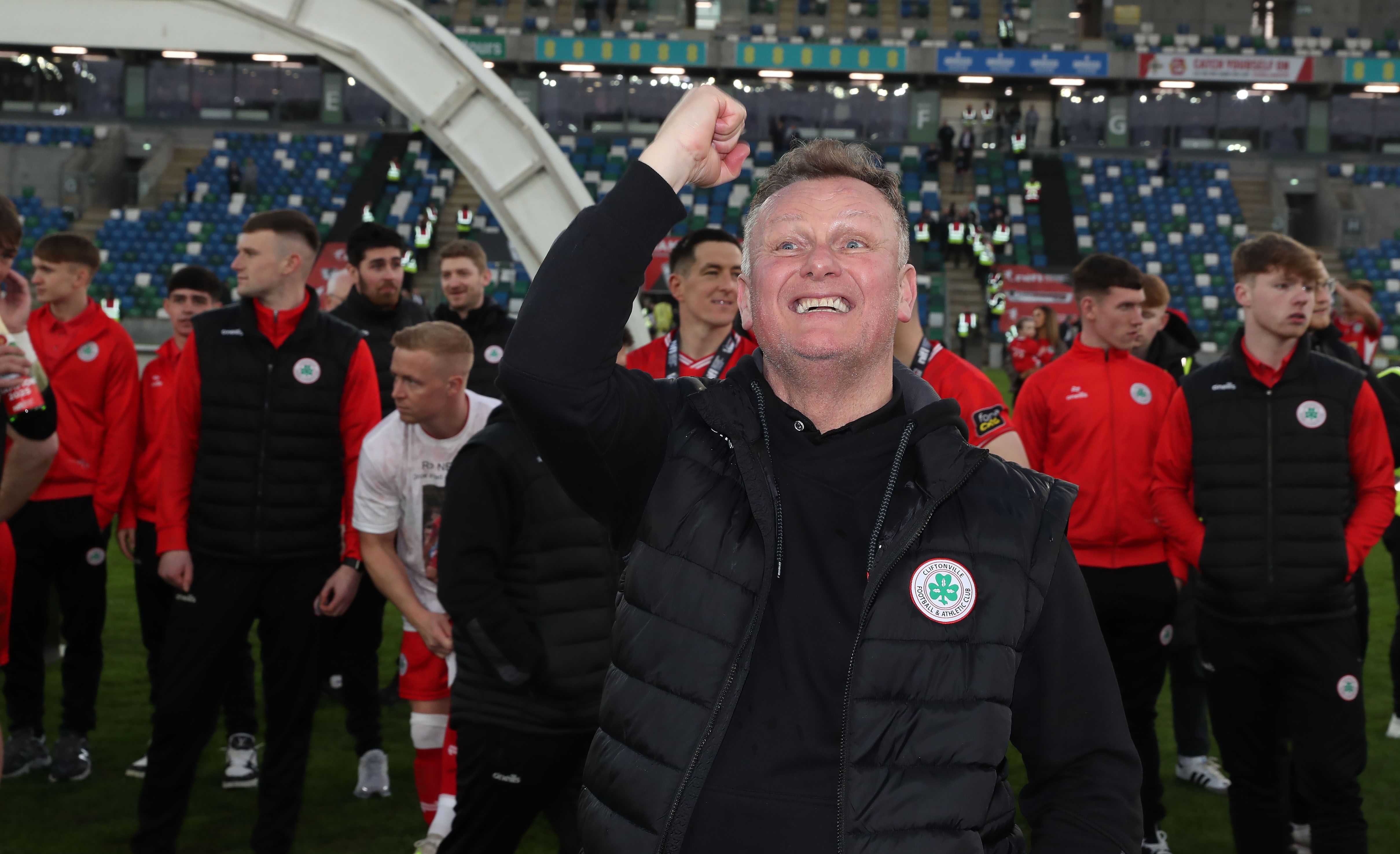 Jim Magilton salutes the Cliftonville support on Sunday 