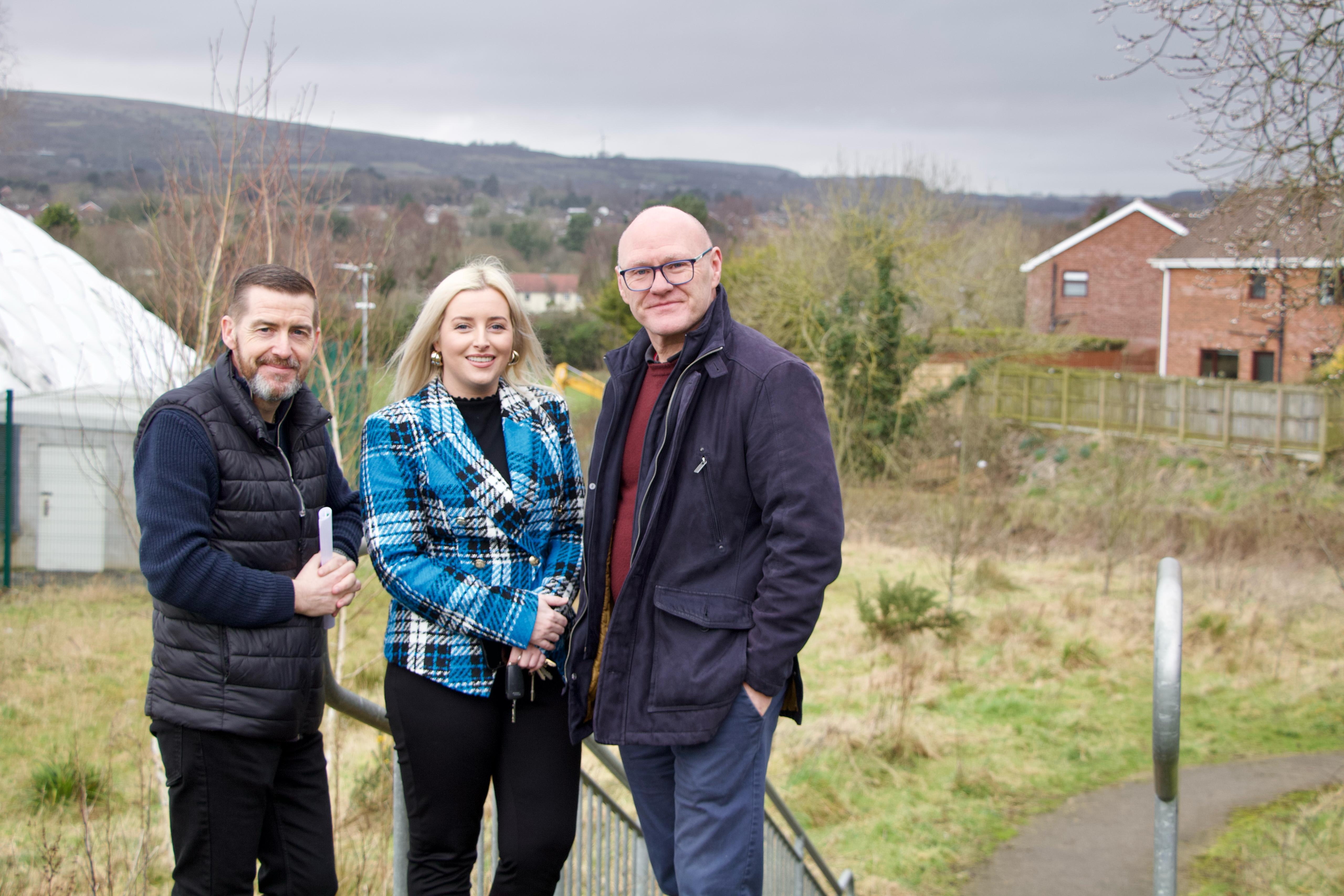 PLAY BALL: Cllr Matt Garrett, MLA Órlaithí Flynn with West Belfast MP Paul Maskey at the park