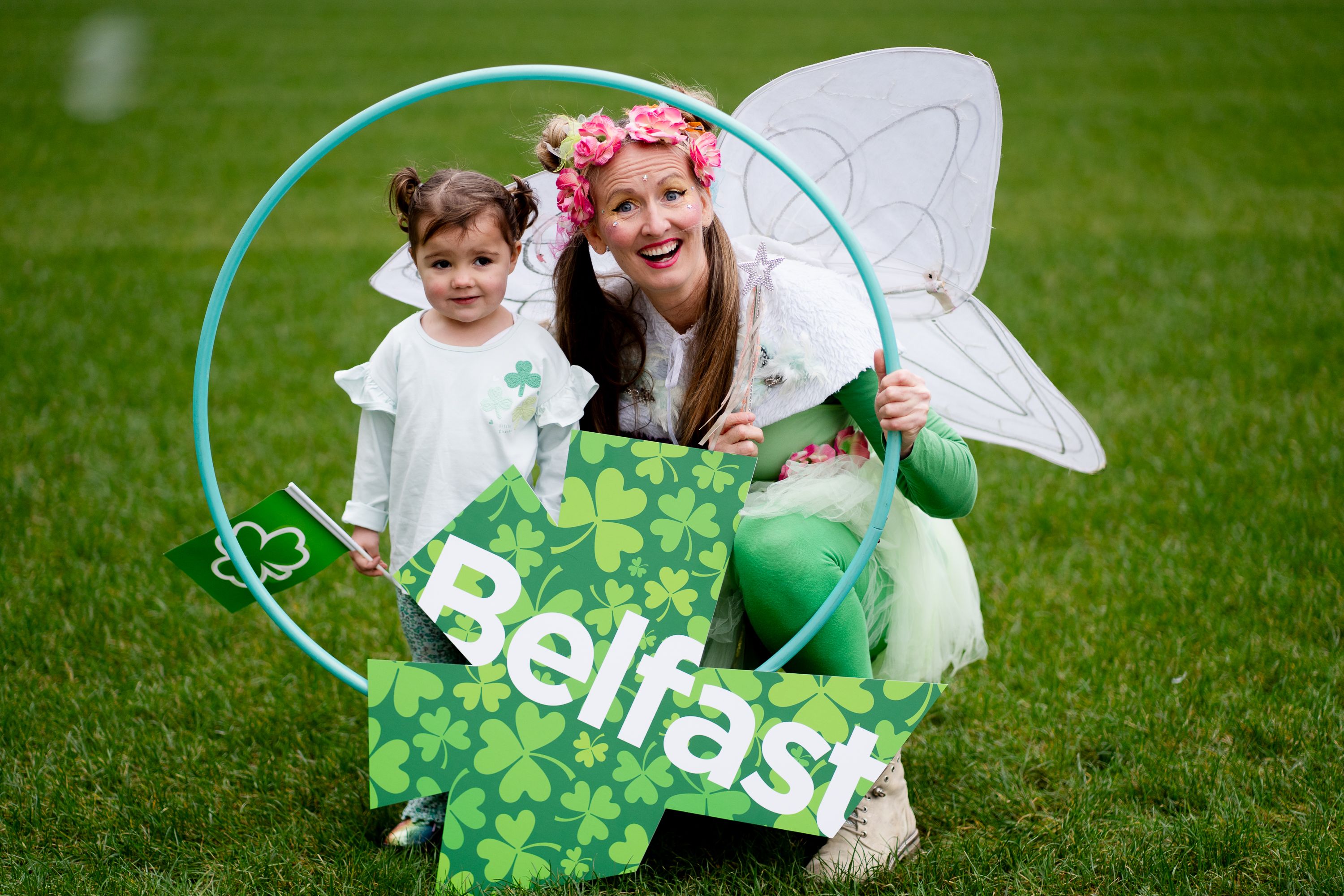 FÁILTE: Farrah Doyle and Rachel Lindsay from Circusful helped launch this year’s St Patrick’s Day parade in Belfast which starts at 1.30pm at City Hall