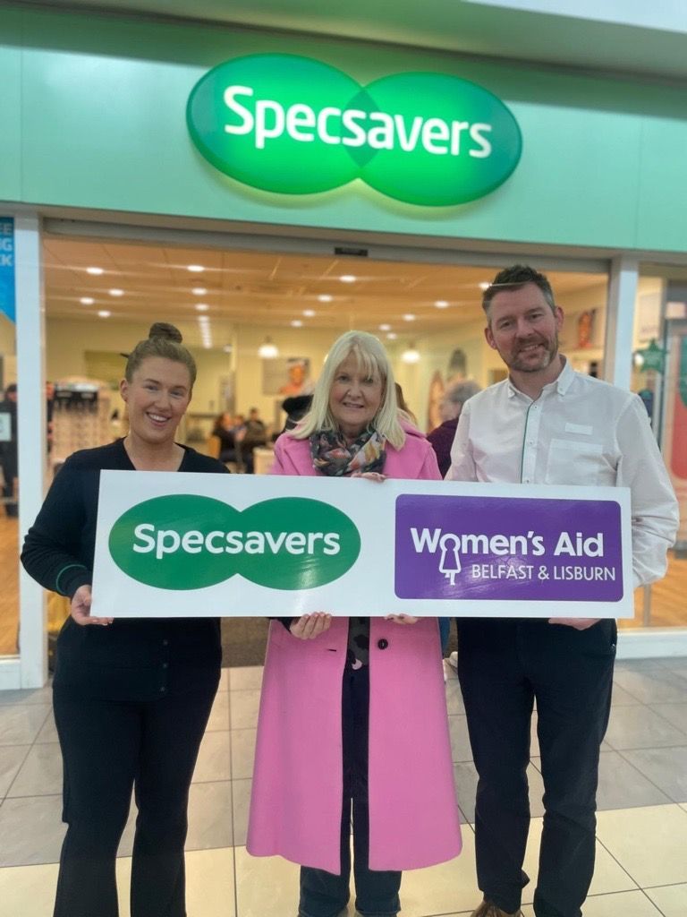 TEAM WORK: Specsavers Park Centre staff member Louise Shortt with Siobhán Graham from Belfast and Lisburn Women\'s Aid and Specsavers Park Centre store director Matthew McKenny