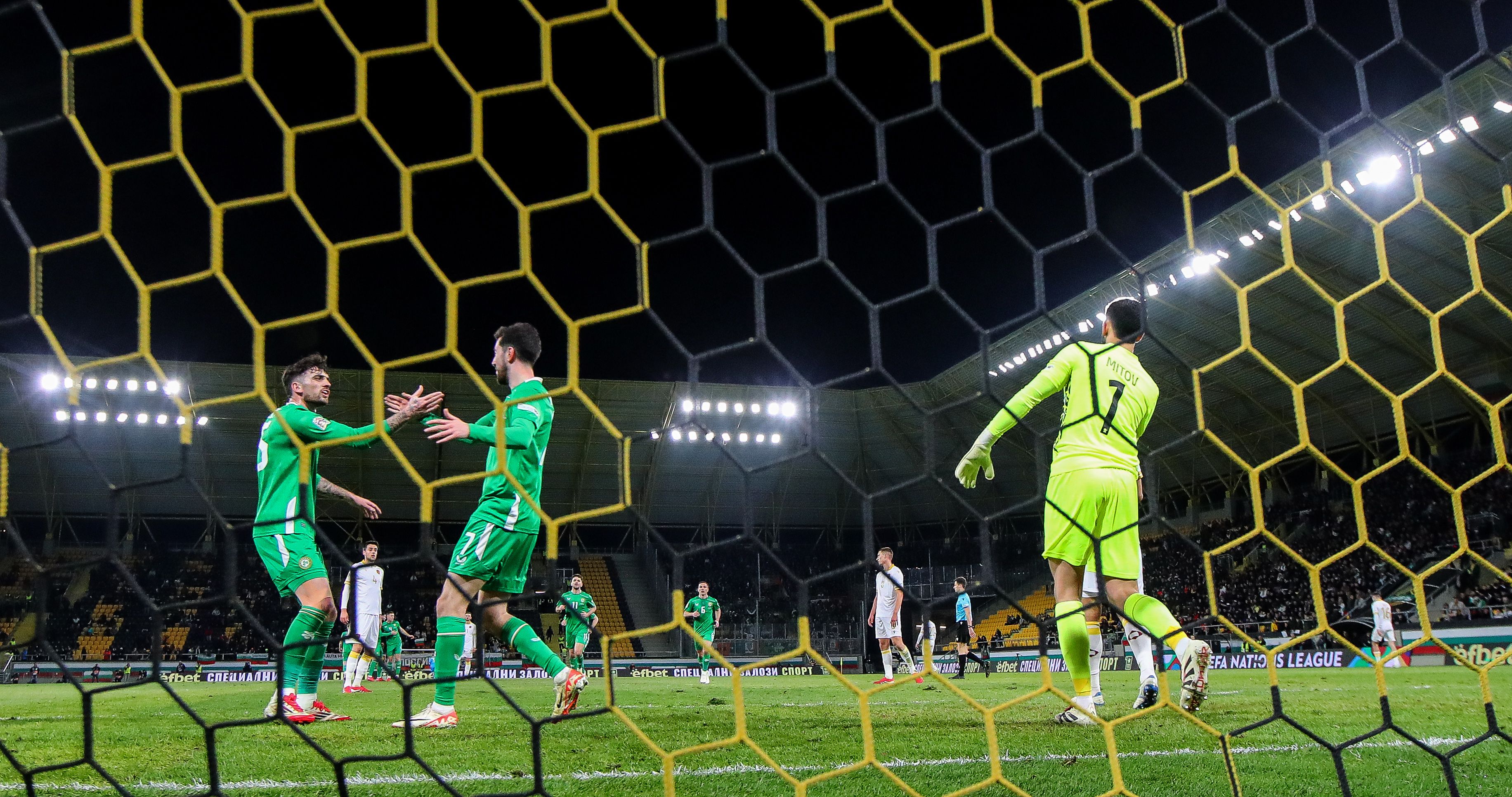 Finn Azaz celebrates netting Ireland\'s equaliser with Troy Parrott