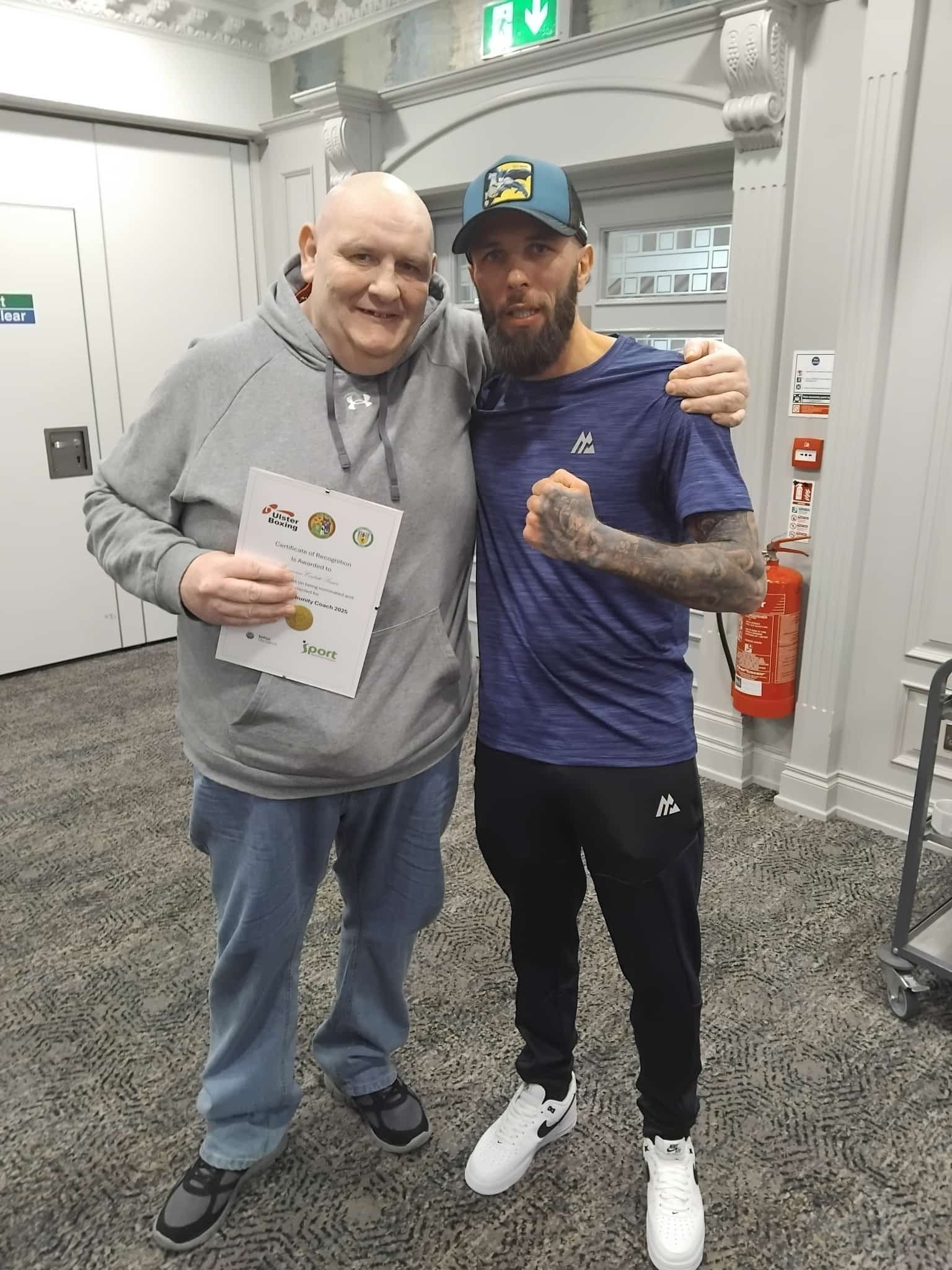 AWARD: Eamonn Corbett Sr from Sacred Heart Boxing Academy with boxer Anthony Cacace 