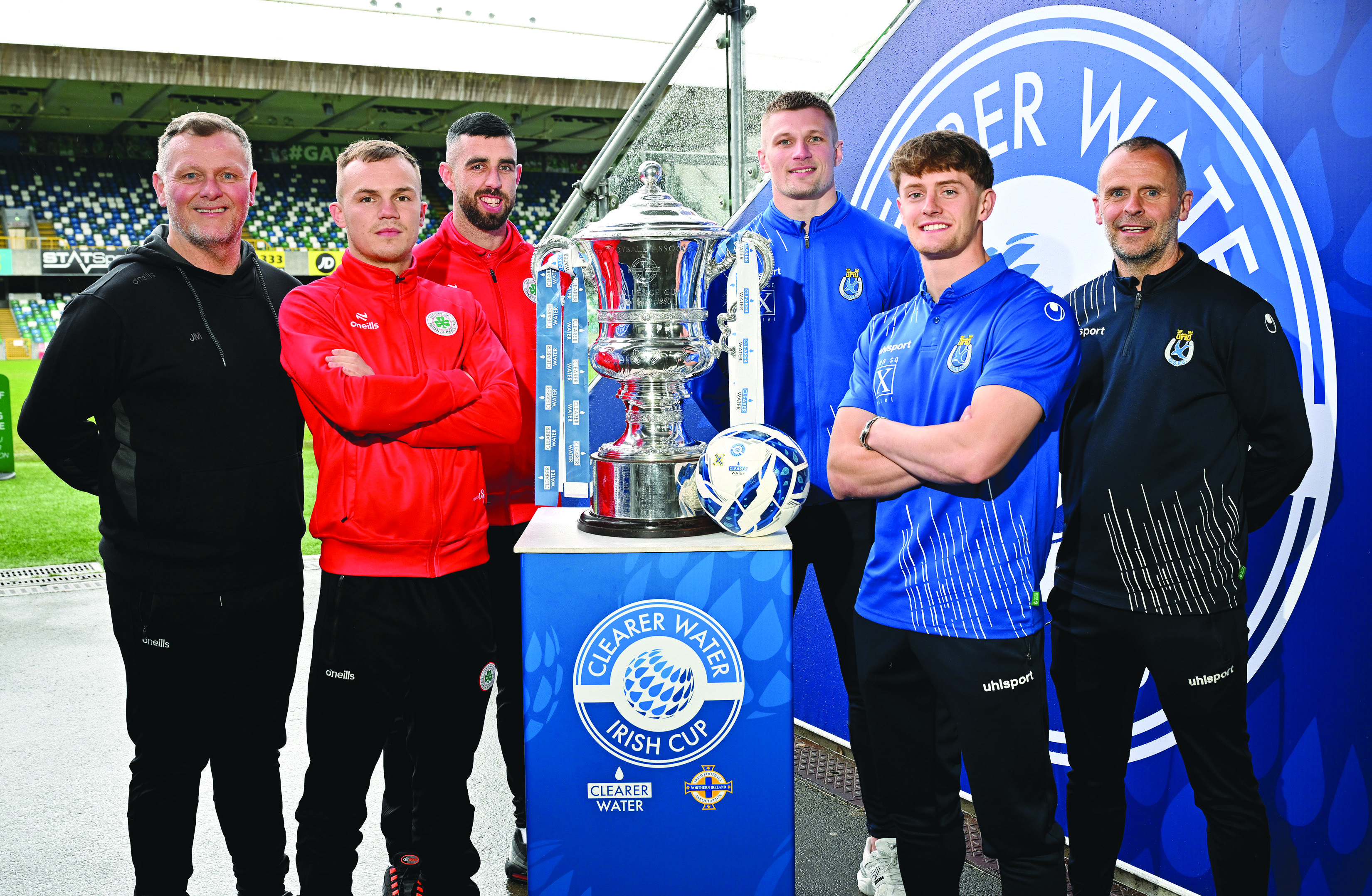 Cliftonville’s Jim Magilton, Rory Hale, Joe Gormley with Rodney McAree, John McGovern and Andy Mitchell of Dungannon Swifts