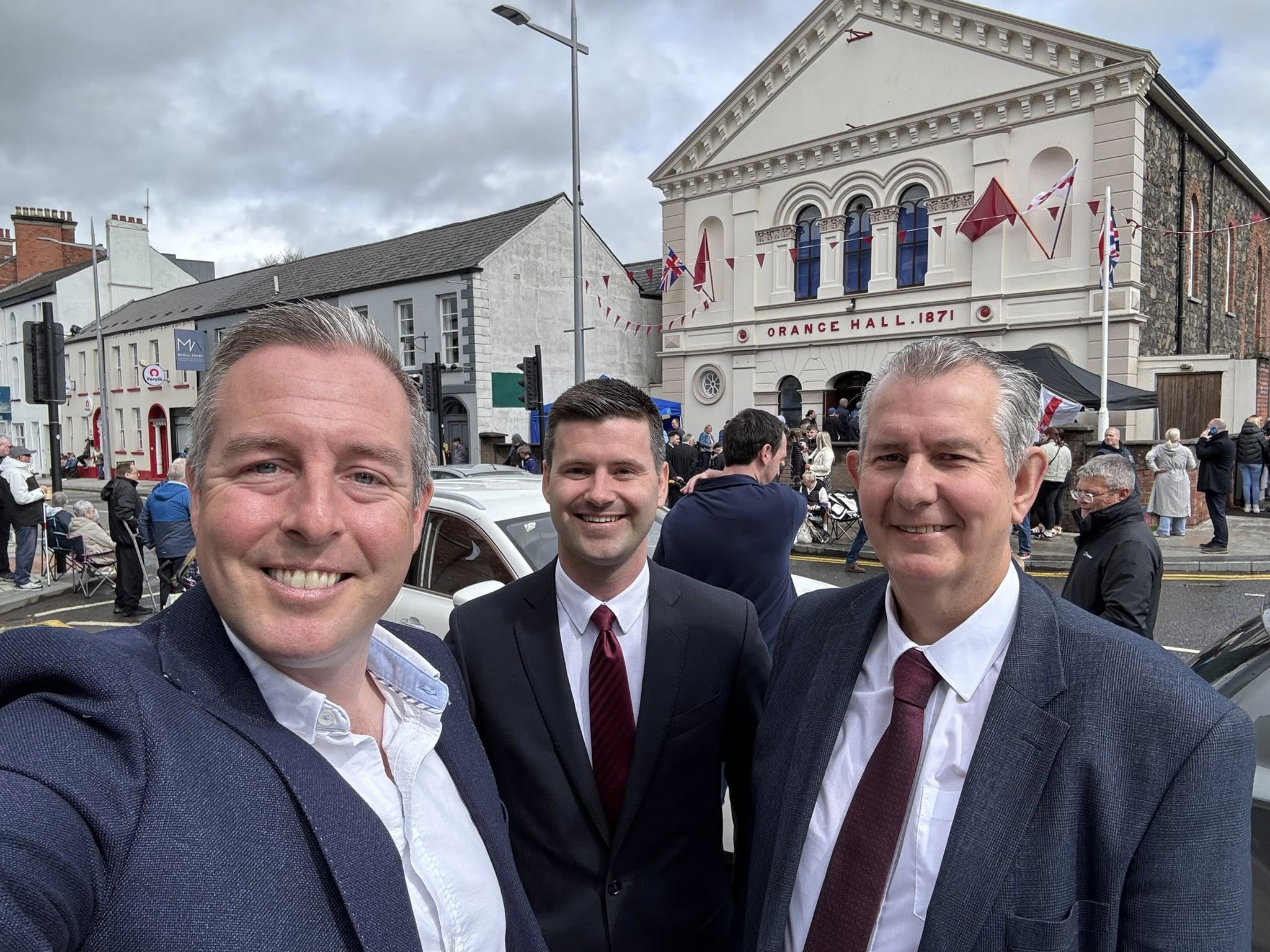 ATTENDANCE: DUP MLAs Paul Givan, Jonathan Buckley and Edwin Poots at the parade in Lisburn last month