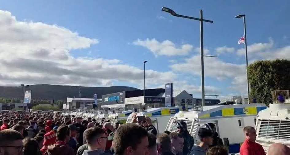 DISORDER: Cliftonville supporters were confronted by lines of police Land Rovers before Saturday\'s Irish Cup Final