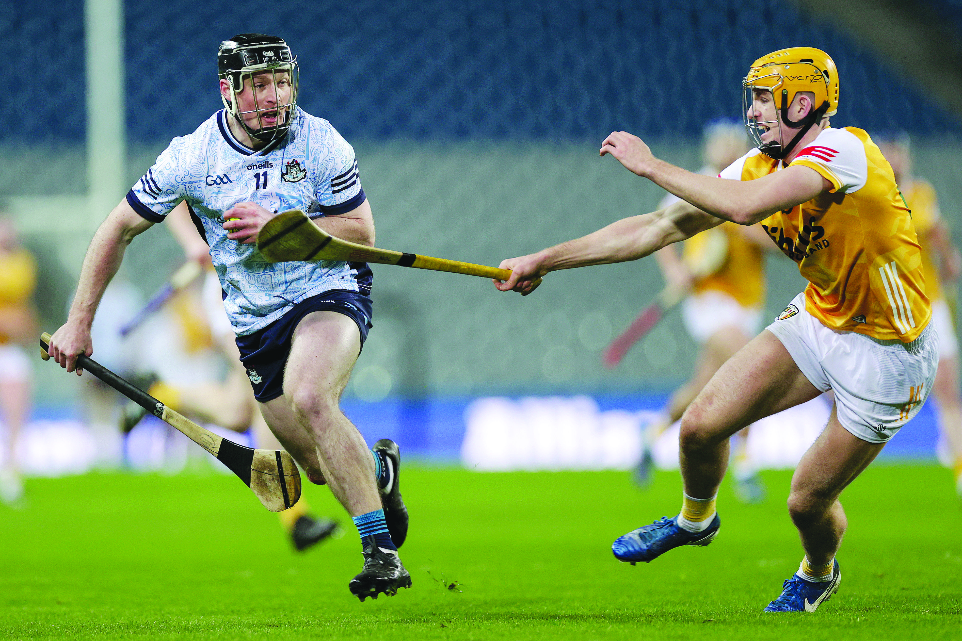 Niall O’Connor puts in a challenge on Cian O’Sullivan who hit 14 points during Dublin’s League win over Antrim at Croke Park in January