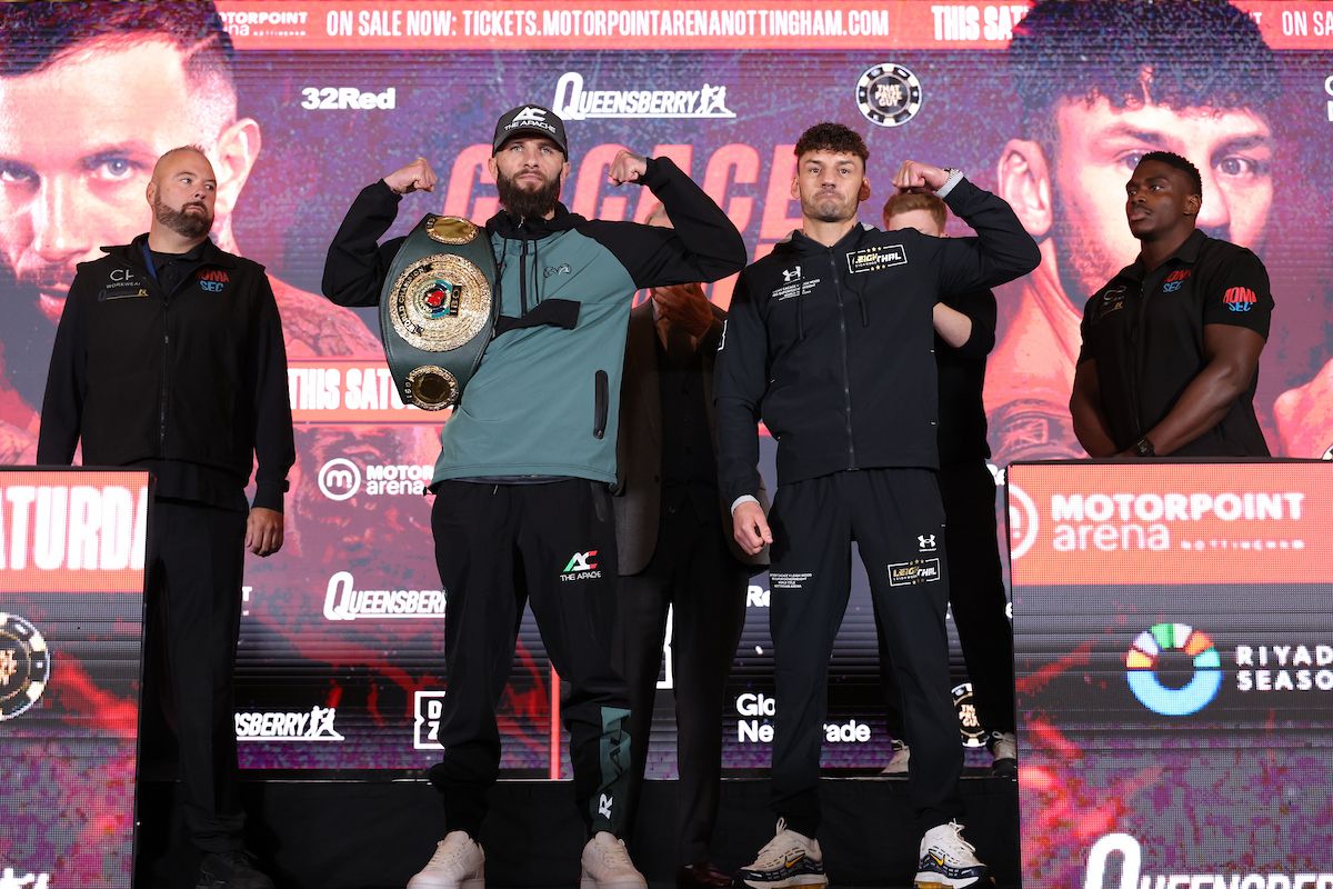 Anthony Cacace and Leigh Wood at Thursday\'s press conference ahead of their super-featherweight battle on Saturday night 