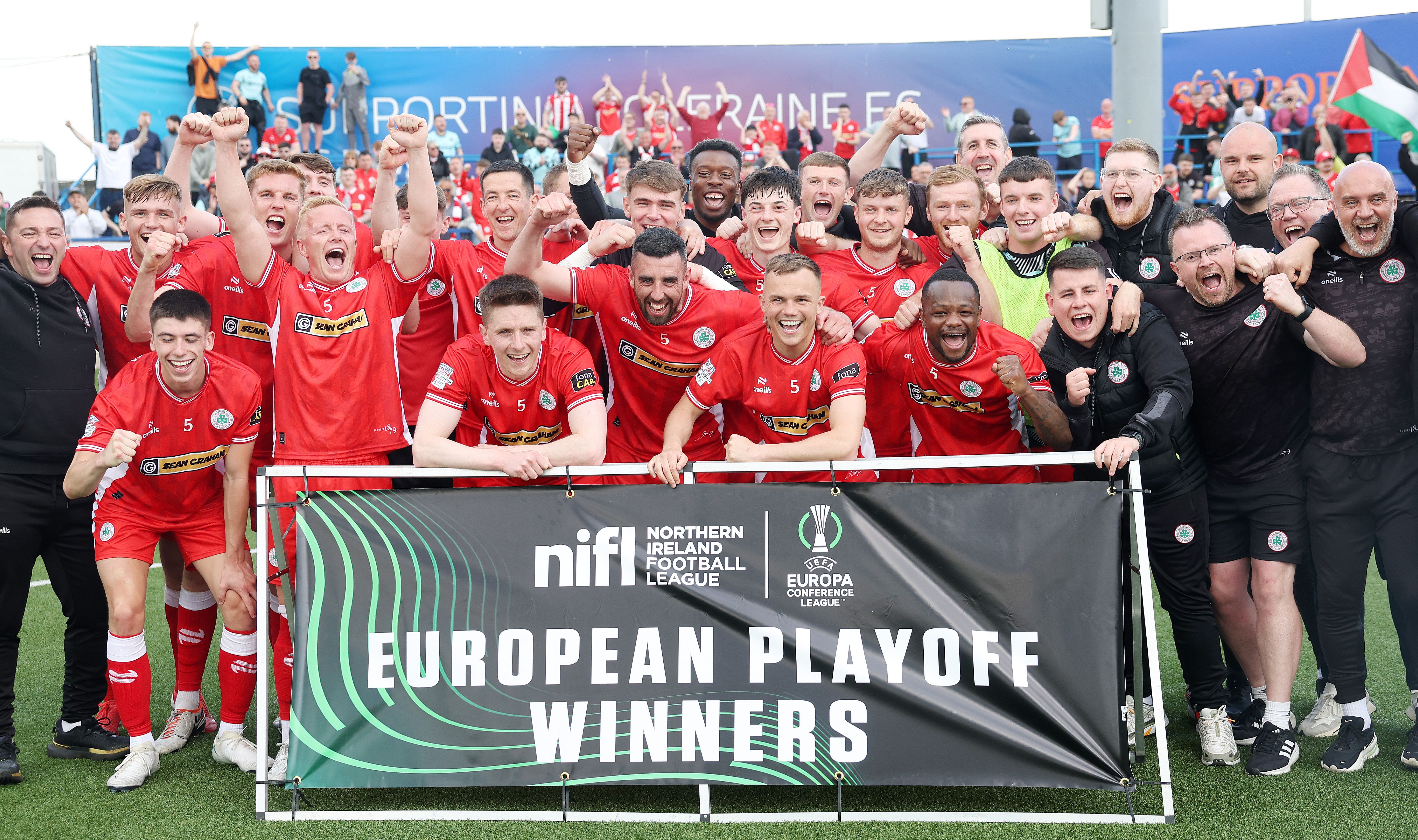 Cliftonville players celebrae following their playoff win 