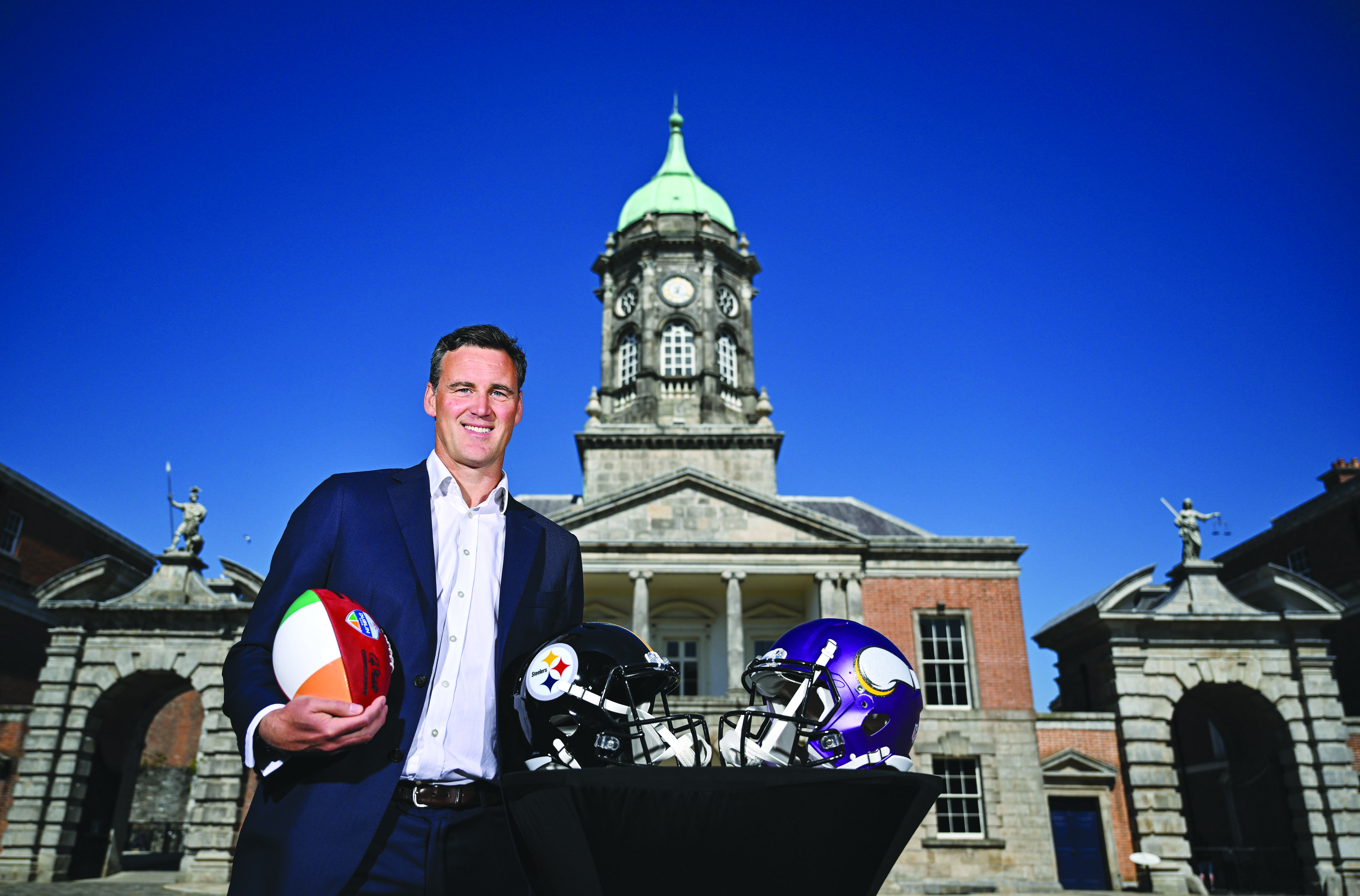 Pictured at Dublin Castle marking the announcement of the 2025 international schedule is Henry Hodgson, General Manager NFL UK and Ireland.