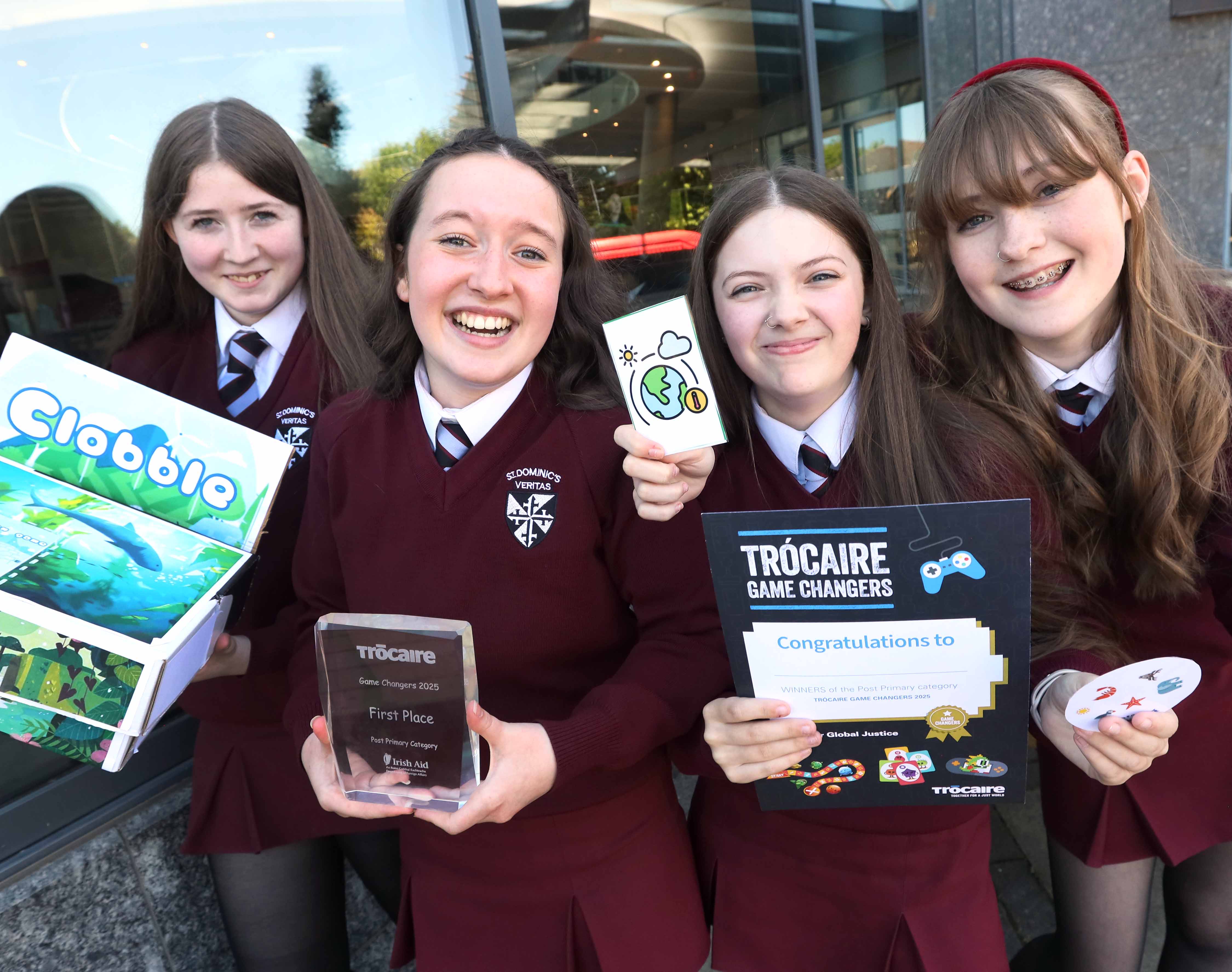 WINNERS: St Dominic\'s Grammar School pupils Sophie, Nellie, Cara and Holly play their game Clobble. They were the post-primary overall winners at the Trócaire Game Changers Final 2025 at the Helix, Dublin