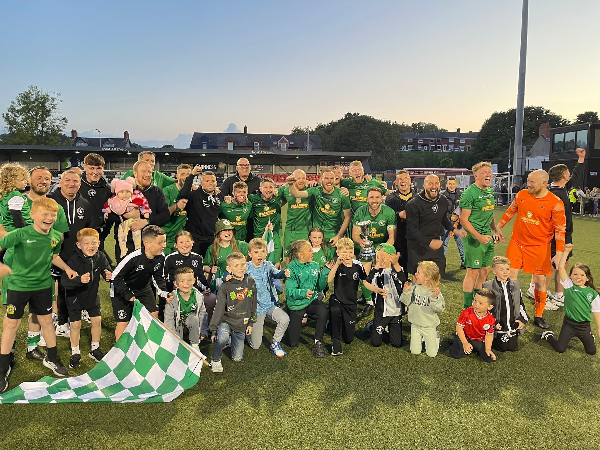 Crumlin Star\'s players and young supporters with the Clarence Cup at Seaview on Tuesday 