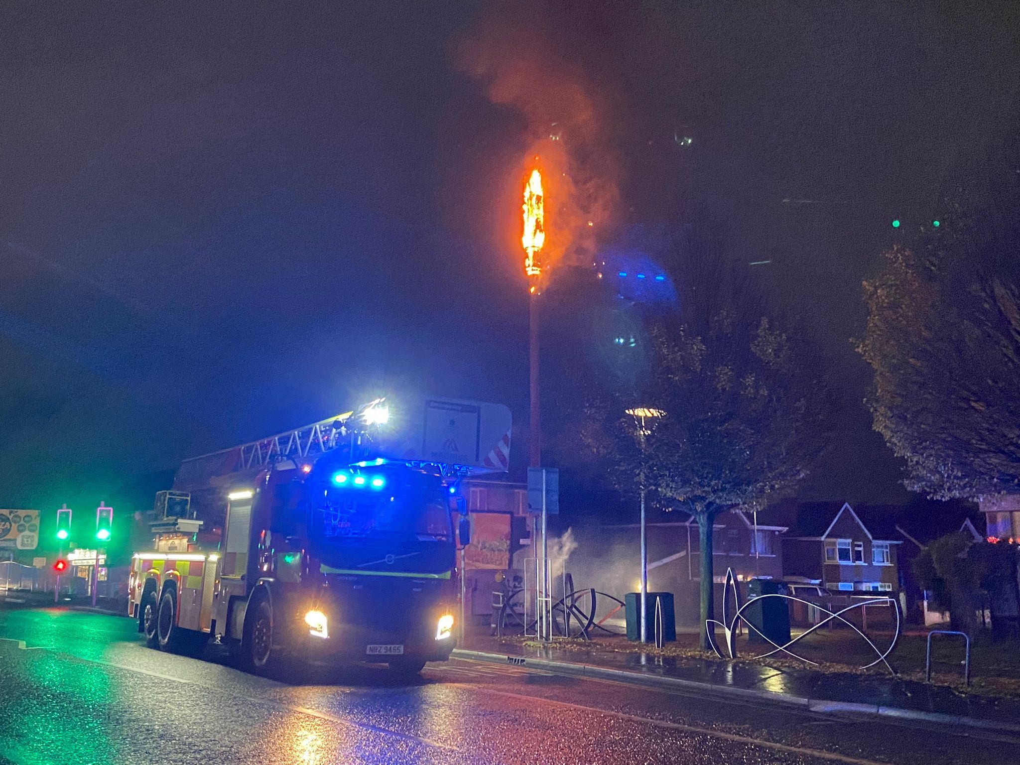 PHONE SIGNAL: A 5G mast on fire on the Andersonstown Road last November 