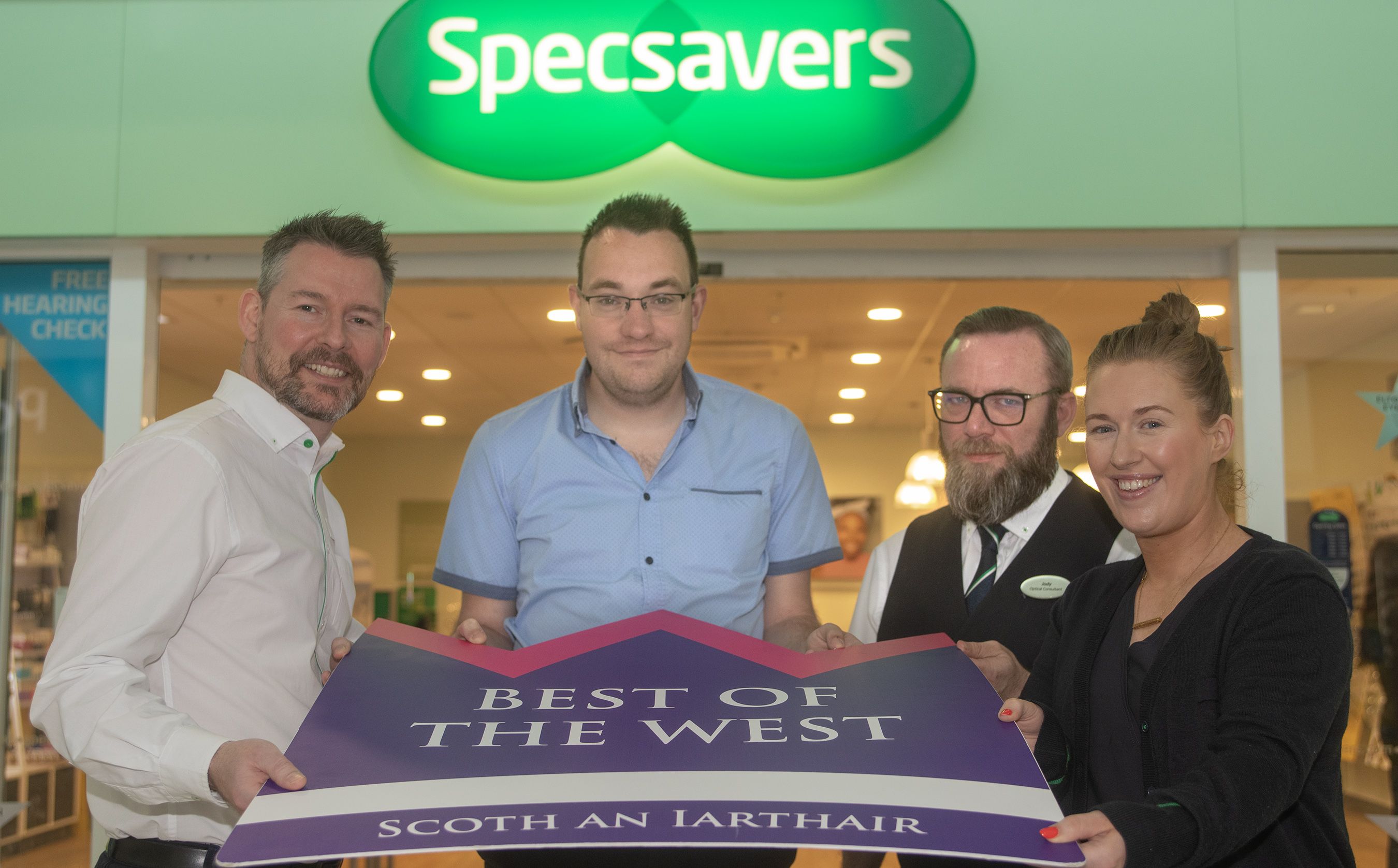 WE\'LL SEE YOU THERE: Matthew McKenny, Jody Martin and Louise Shortt from Specsavers Park Centre, with Conor McParland from Belfast Media